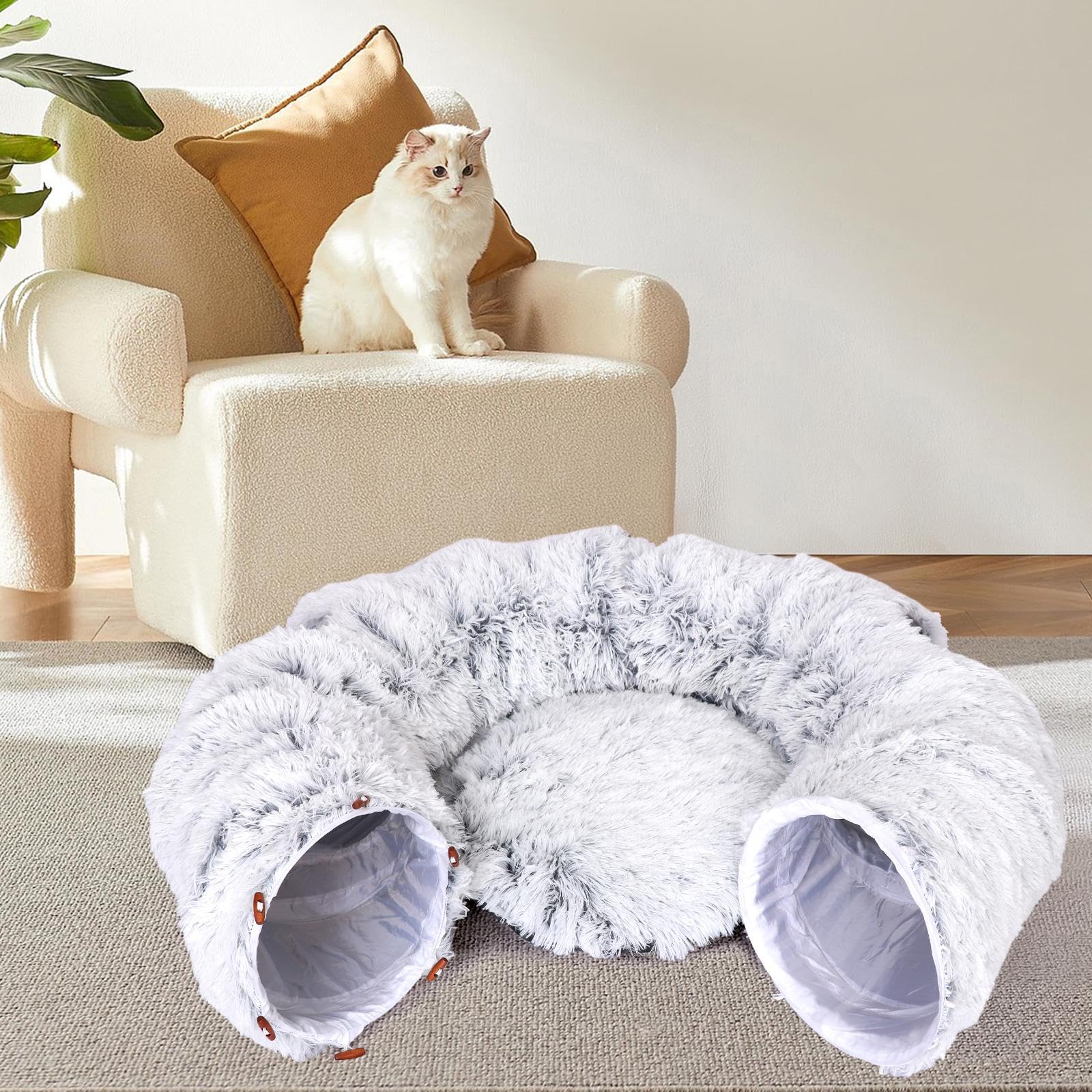 Baoblaze Plüsch Katzentunnel mit Schlafplatz, Katzen Spieltunnel 3 in 1, Ultra weiche Runde Donut Form mit Spiel, Cat Tunnel Bed, Rascheltunnel Für Katzen, GRAU