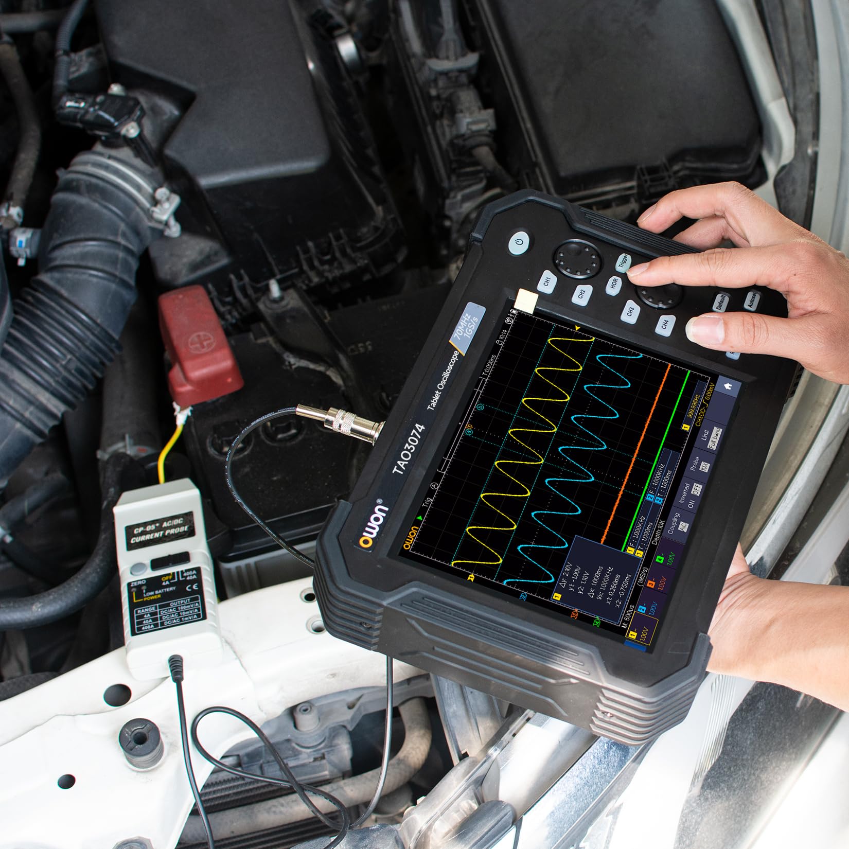 OWON TAO3074 4CH Handheld Digital Oscilloscope with 70MHz Bandwidth and 1GS/s Sample Rate,40M record length,SCPI, and LabVIEW Supported, 8 inch high resolution LCD