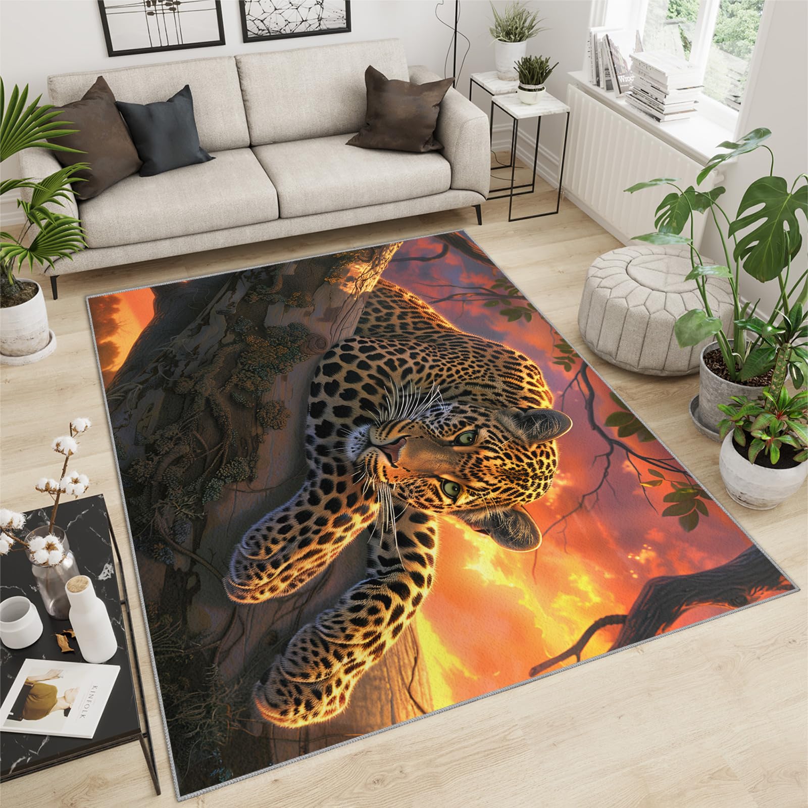 Cheetah Rug for Bedroom - Under the Sunset Cheetah Rugs for Boys Room, Wild Animals Area Rug, Washable Carpet for Kids Dormitory Living Room Farmhouse 160x230cm