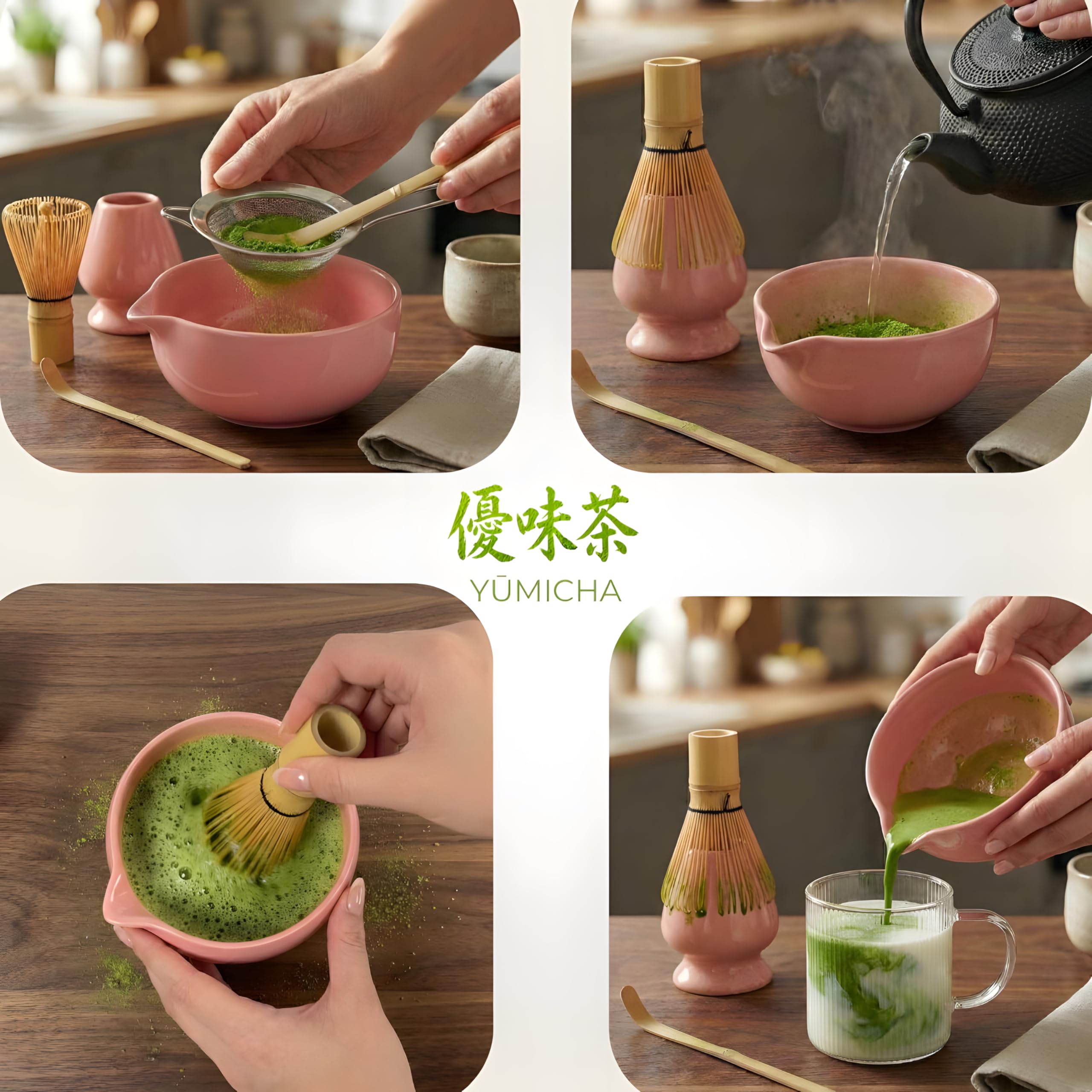 Matcha Set mit Bambusbesen, Keramikschale & Sieb – Matcha Tee Starter Set inkl. Löffel, ideal als Geschenk – Premium Matcha Kit – Rosa