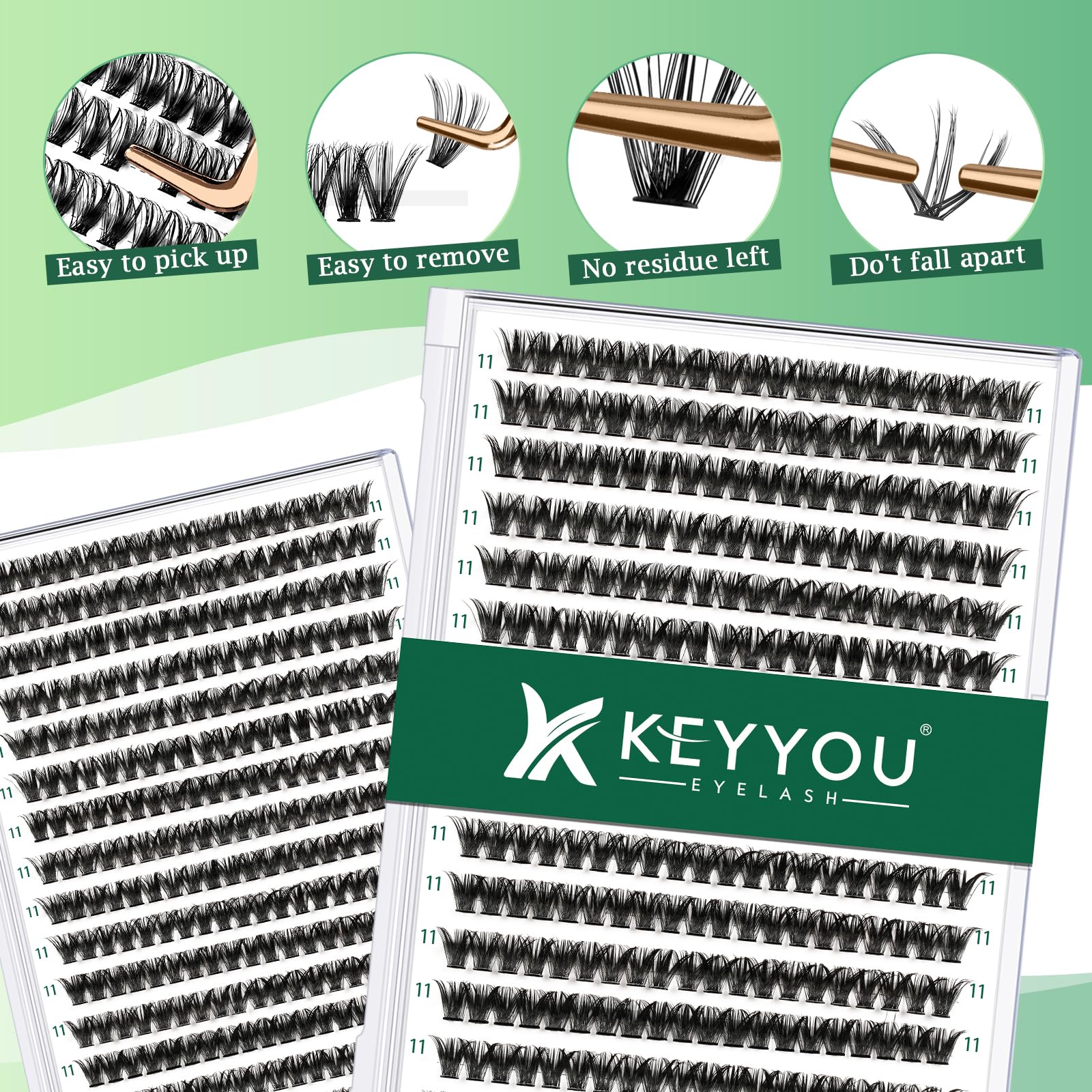 KEYYOU Wimpern Extensions 300pcs Cluster Lashes 50D D Curl 11mm Einzelne Wimpern Volume Natürlich Sanft Wimpernverlängerung（50D-D-11）