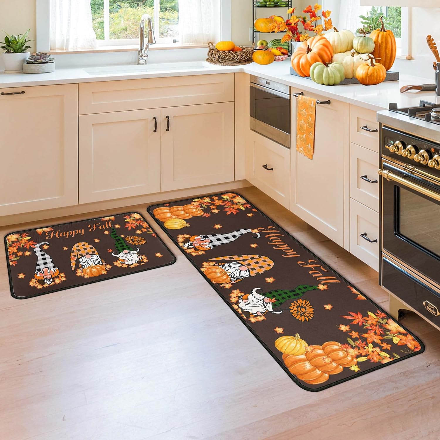Fall Kitchen Rugs and Mats for Floor, Fall Decorations for Home, 2 Pcs Non-Slip Backing Pumpkin Mat, Autumn Decor Thanksgiving Kitchen Rug Sets with Runner 17"x47.2"+17"x30"
