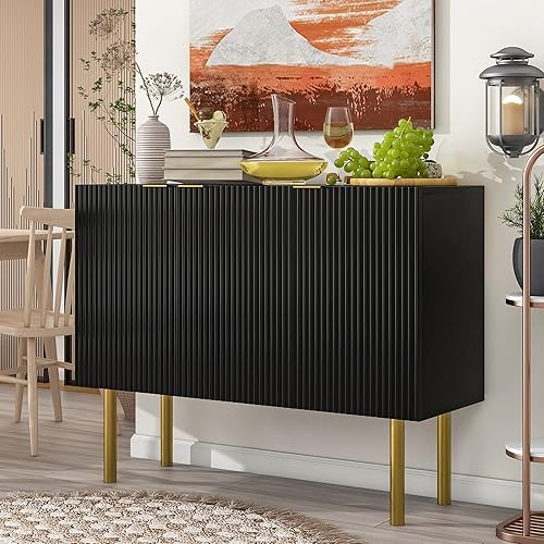 Aparador grande moderno de 47 pulgadas con estantes ajustables y tablero de partículas, gabinete de madera para café con patas y asas de metal para