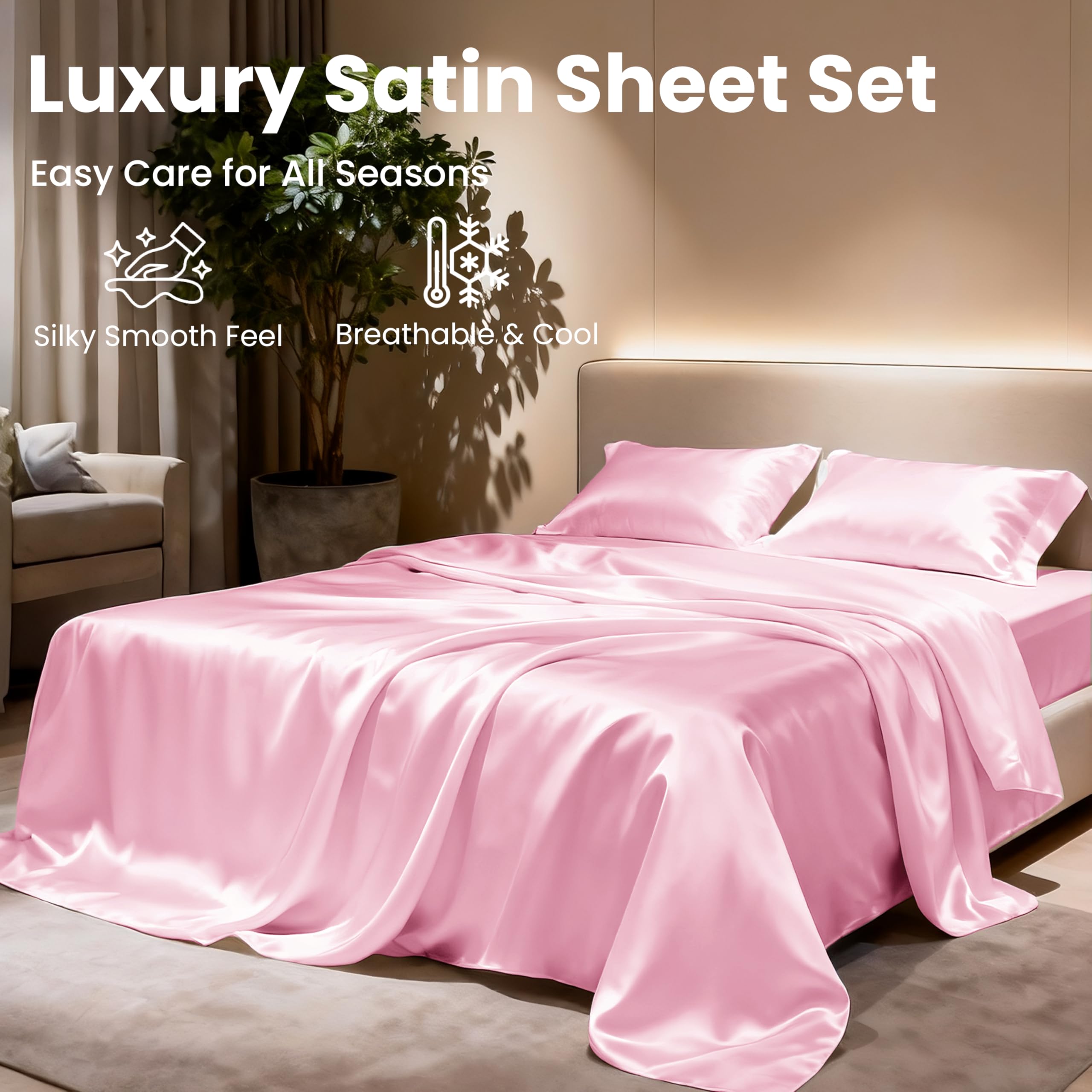 Love's cabin Satin Queen Sheets Set - 4 Piece Pink Silky Bed Sheets Set with Deep Pocket, Luxury Silk Feel Satin Queen Size Sheet Set (1 Flat Sheet, 1 Fitted Sheet, 2 Pillow Cases): Queen Pink.