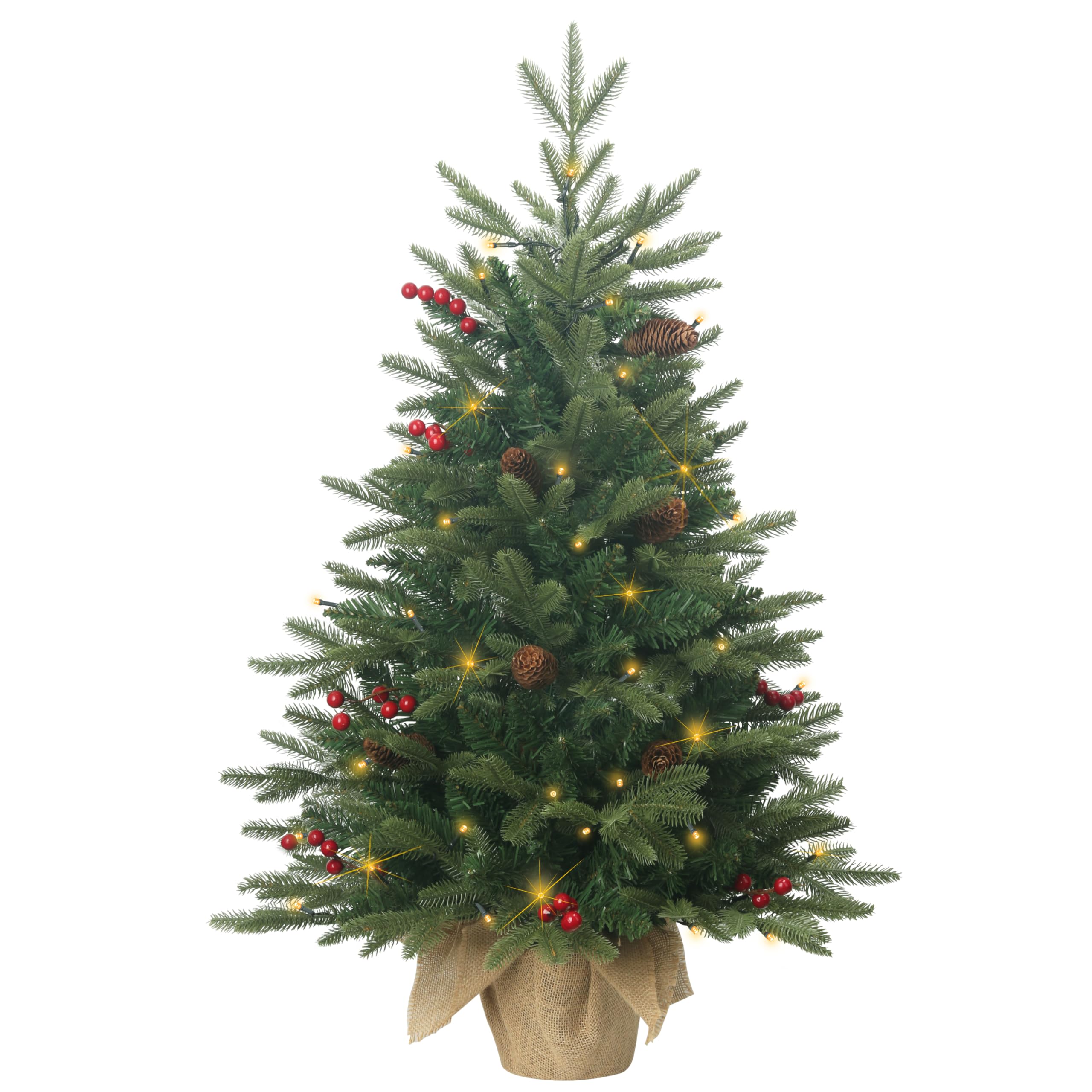 3ft Pre-Lit Mini Christmas Tree,Artificial Xmas Tree with 185 PE & PVC Mixed Branch Tips & 12 Red Berries & 10 Pinecone & 70 LED String Lights & Burlap Wrapped Base for Tabletop Desk,Battery Operated