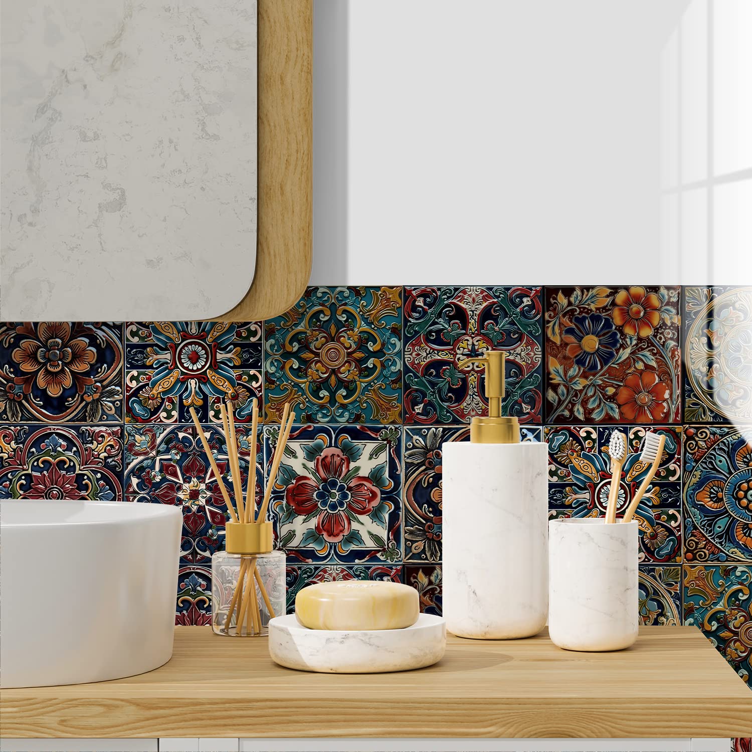 Alwayspon 15cm/6inch Retro Wall Tile Sticker Transfer, 3D Effect Waterproof Sticky Back Vinyl Tile Sticker for Kitchen Bathroom Self-adhesive Peel and Stick PVC Stick on Tile