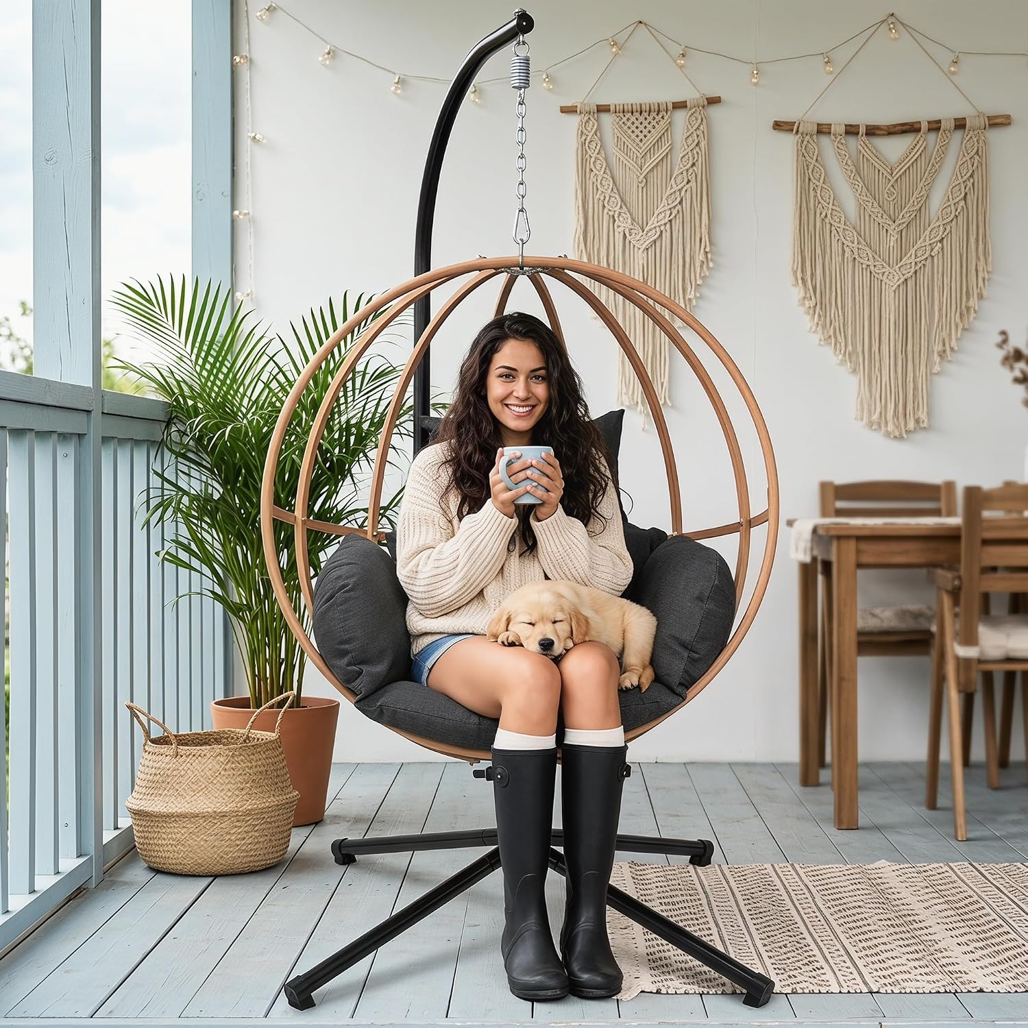 Egg Chairs Outdoor, Metal Hanging Egg Chair with Cushions, Heavy Duty 400LBS Imitation Wicker Egg Swing Chair with Stand, 80" H Hanging Chairs Cozy Basket Seat for Bedroom/Balcony, Charcoal