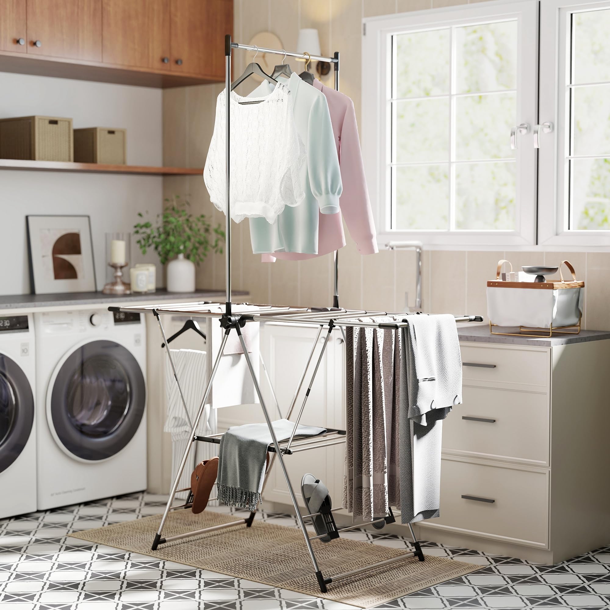 HOMCOM Séchoir à Linge Étendoir Pliable Ailes Réglables Argenté