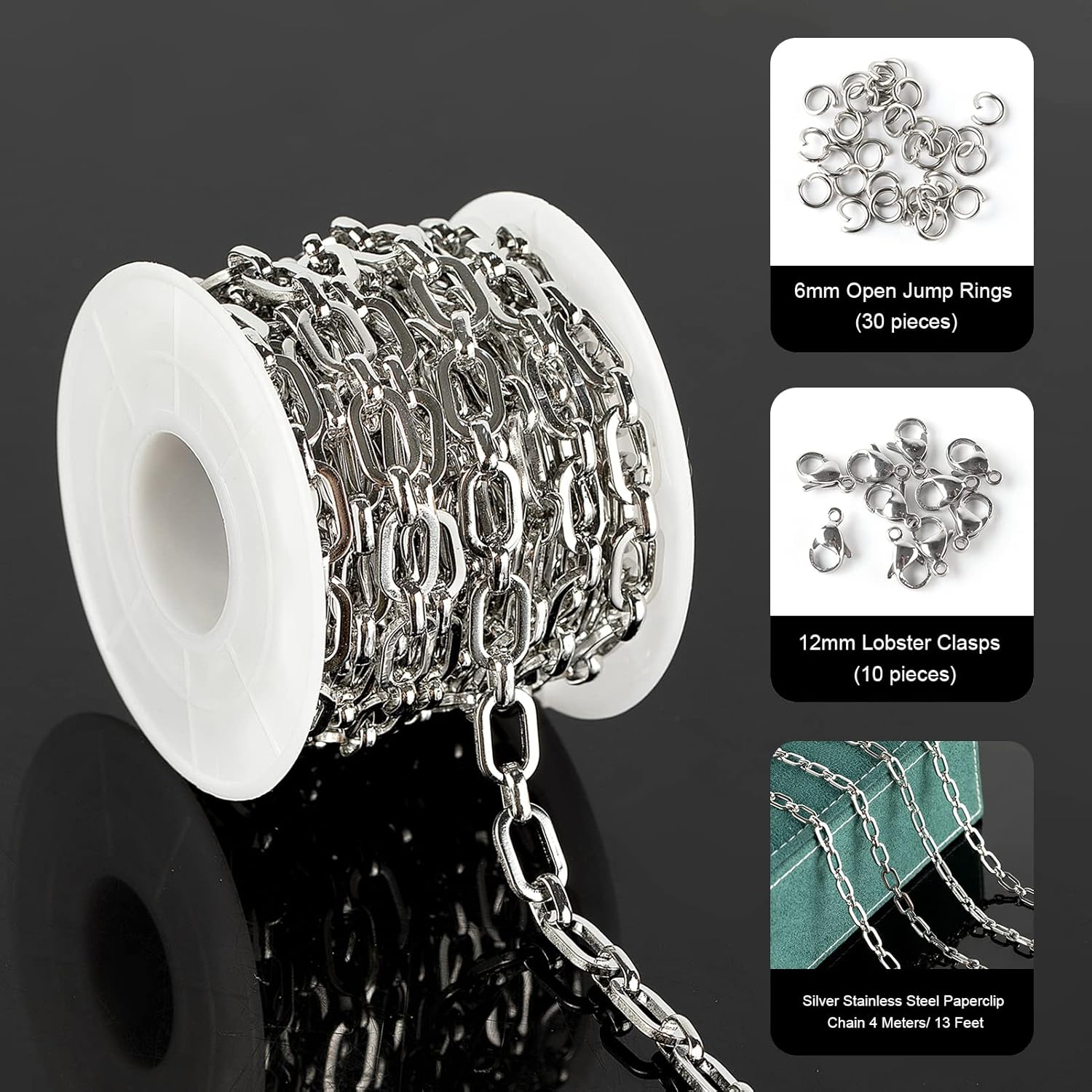 4.3 Yard Stainless Steel Jewelry Making Chain Bulk with Jump Rings and Lobster Clasps, Silver Paperclip Chain for Women Men Necklace Bracelet Jewelry DIY Making - Image 2