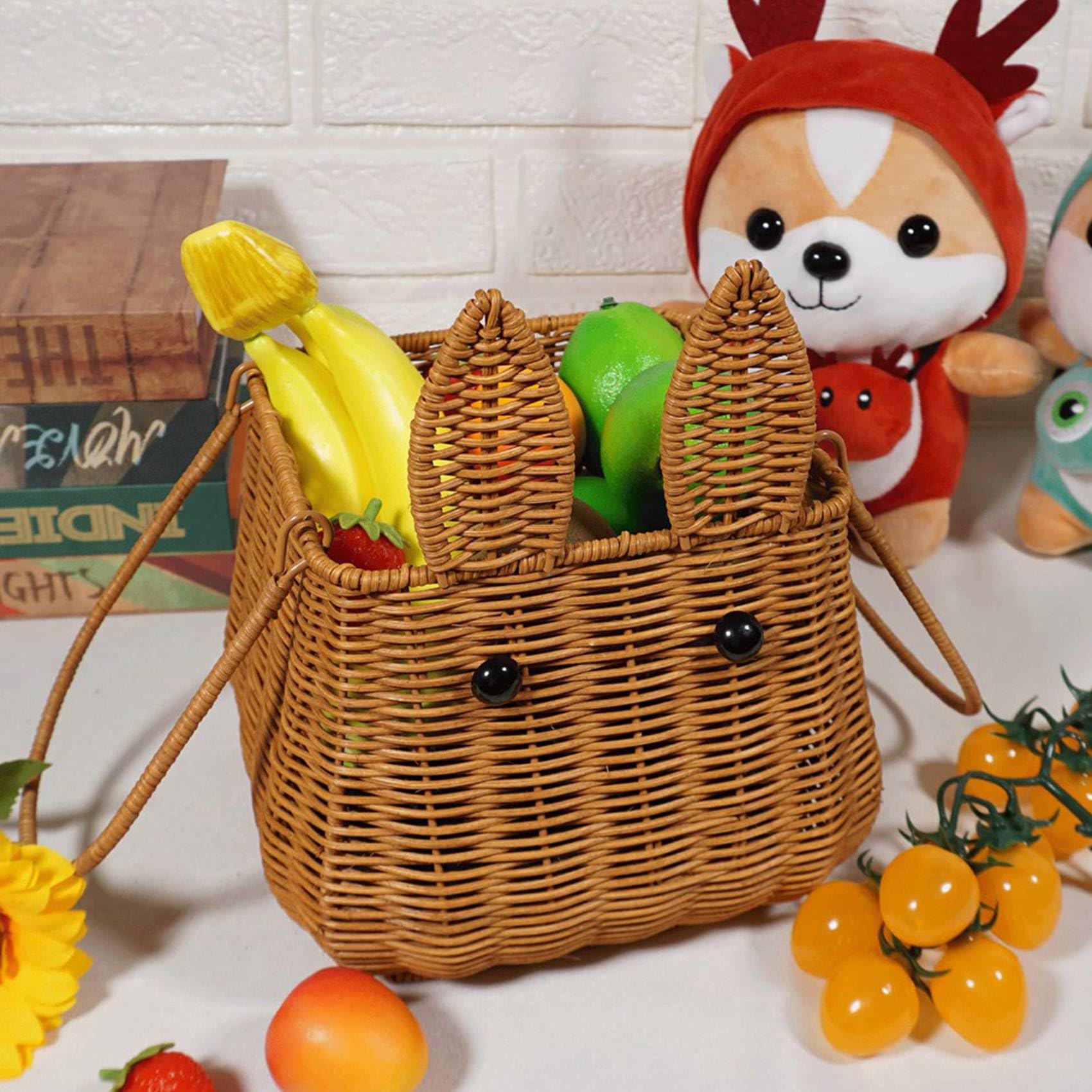 3X Cesto in Rattan con Manico, Cestino per Uova, Fiore Intrecciato, Ragazza, Pane, Frutta, Verdura, Cestino da Picnic in Vimini
