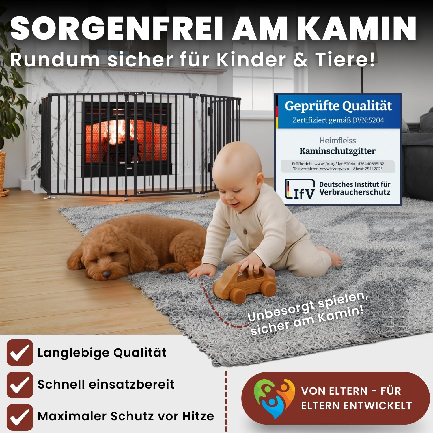 Heimfleiss® Kaminschutzgitter Baby mit Sicherheitsverschluss | Ofenschutzgitter für Kinder & Hunde | Ofengitter Kinderschutz aus Stahl | Verwendbar als Kamingitter, Treppenschutzgitter & Türgitter