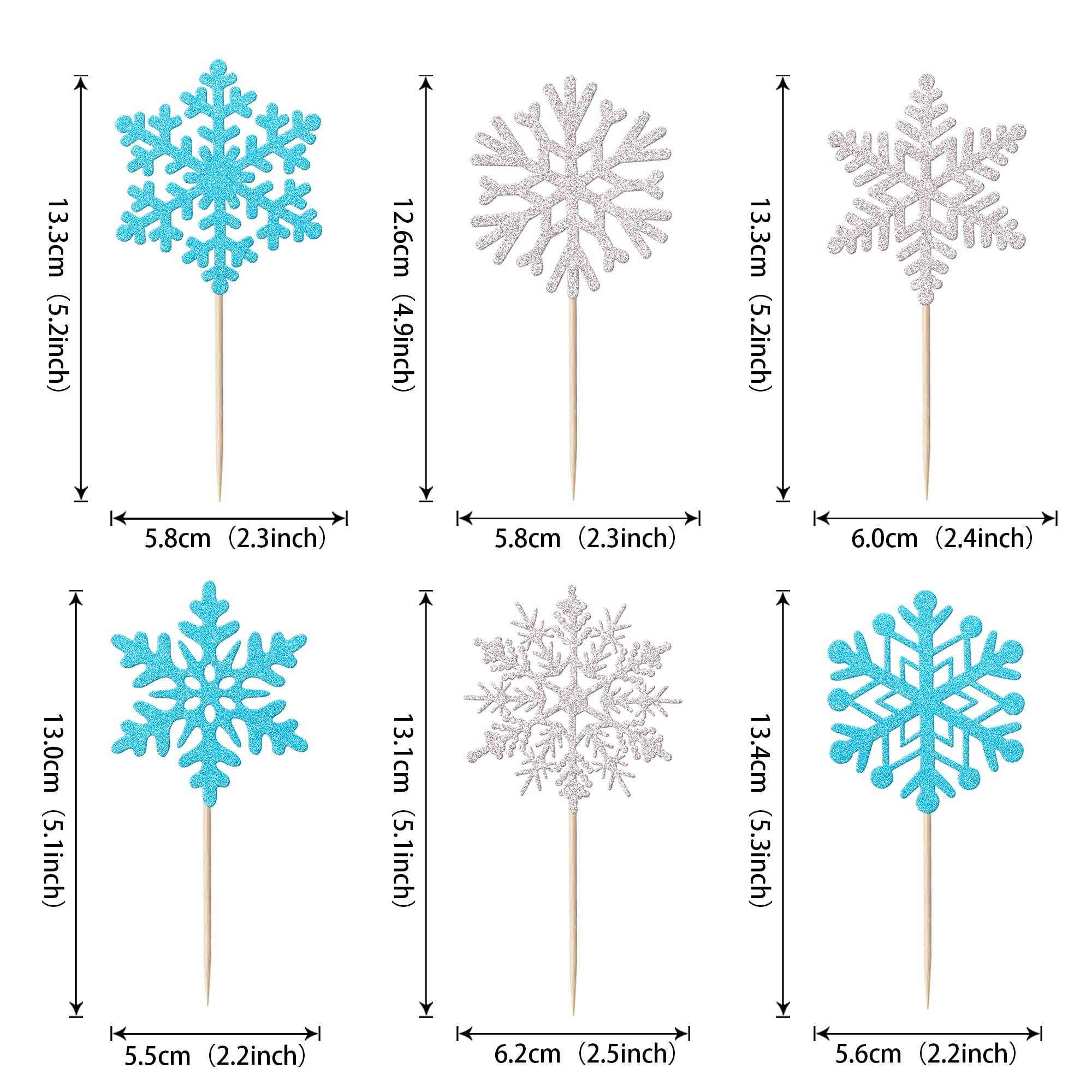 24 Pack Glitter Snowflake Cupcake Toppers and Picks - Winter Frozen Cake Decorations for Christmas, Baby Shower, Kids Birthday Party Supplies - Light Blue/Silver