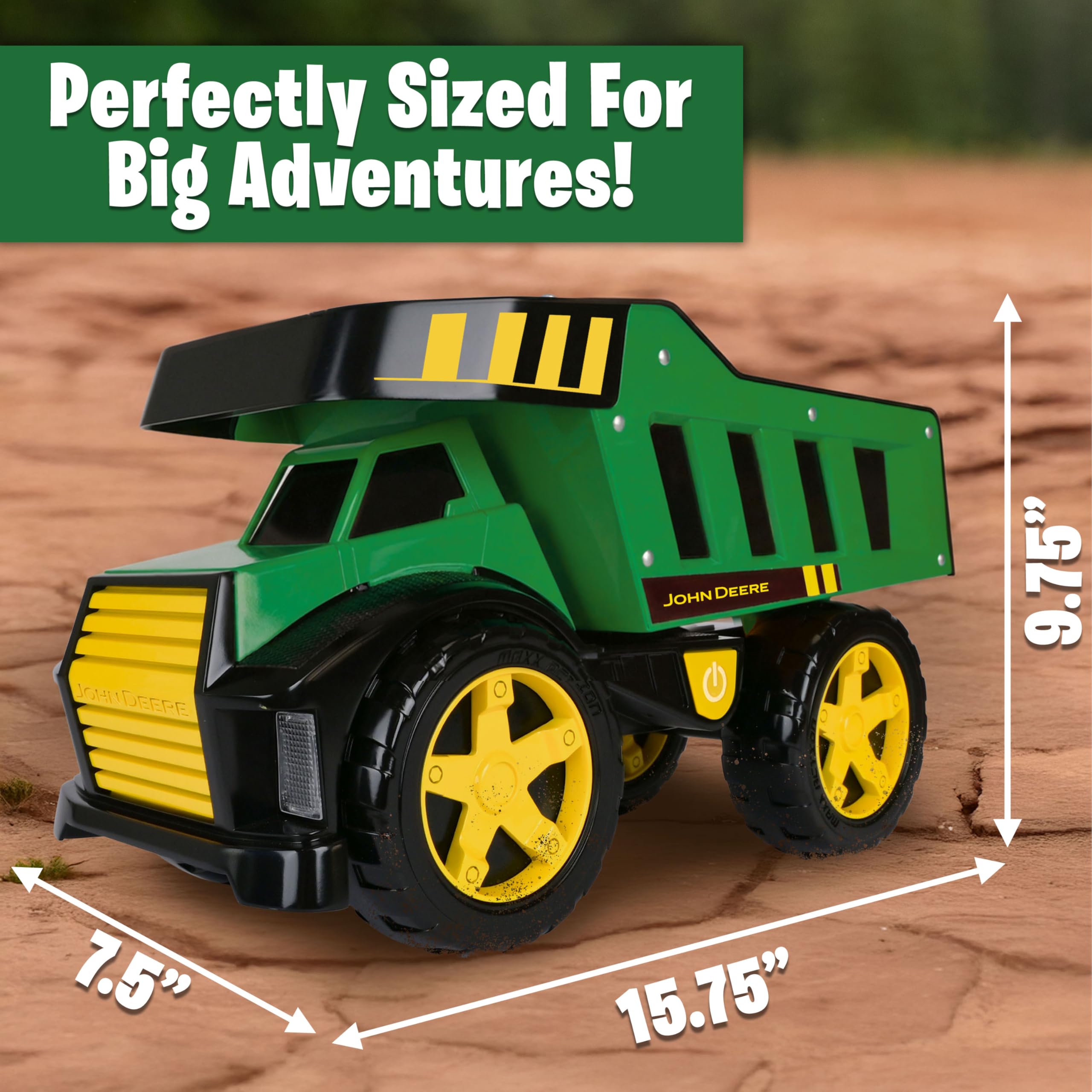 John Deere 16-calowa metalowa wywrotka, realistyczne światła i dźwięki, solidne metalowe łóżko do ciężarówek, bardzo duże koła, wytrzymała zabawka pojazdu budowlanego dla dzieci, a
