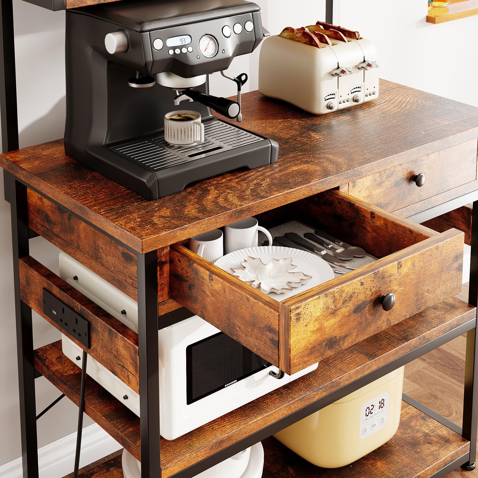 CAIYUN Étagère de Cuisine avec Prises électriques, étagère sur Pied avec Deux tiroirs en Bois, étagère pour Micro-Ondes, 5 Niveaux, Structure en Acier, 42 x 80 x 148 cm, Marron Vintage