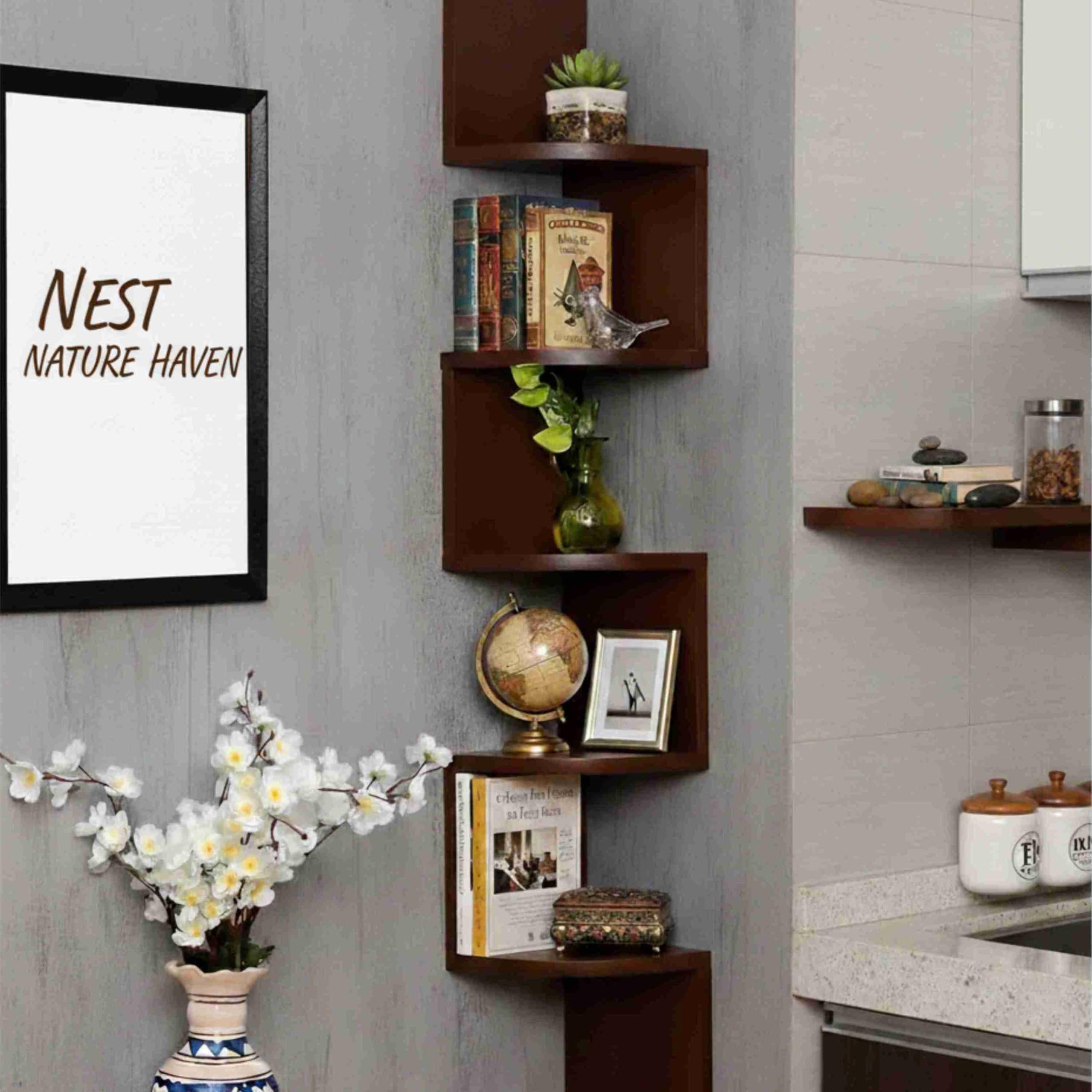 NEST NATURE HAVEN 5 Tier Wooden Corner Hanging Wall Shelves 42