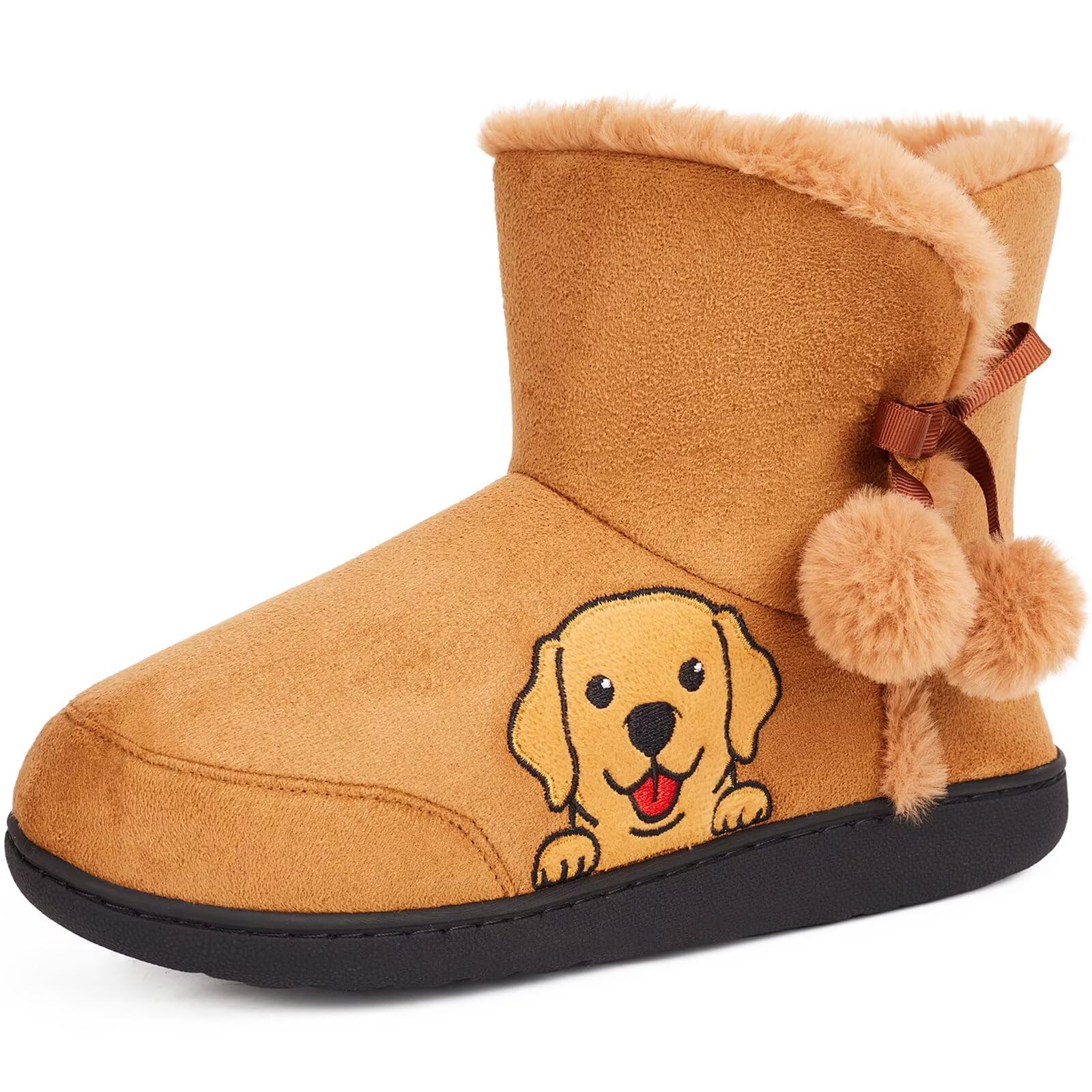 Womens Cozy Indoor Bootie Slippers with Cute Cat or Dog Embroidery Warm Plush Non-Slip Winter House Boots with