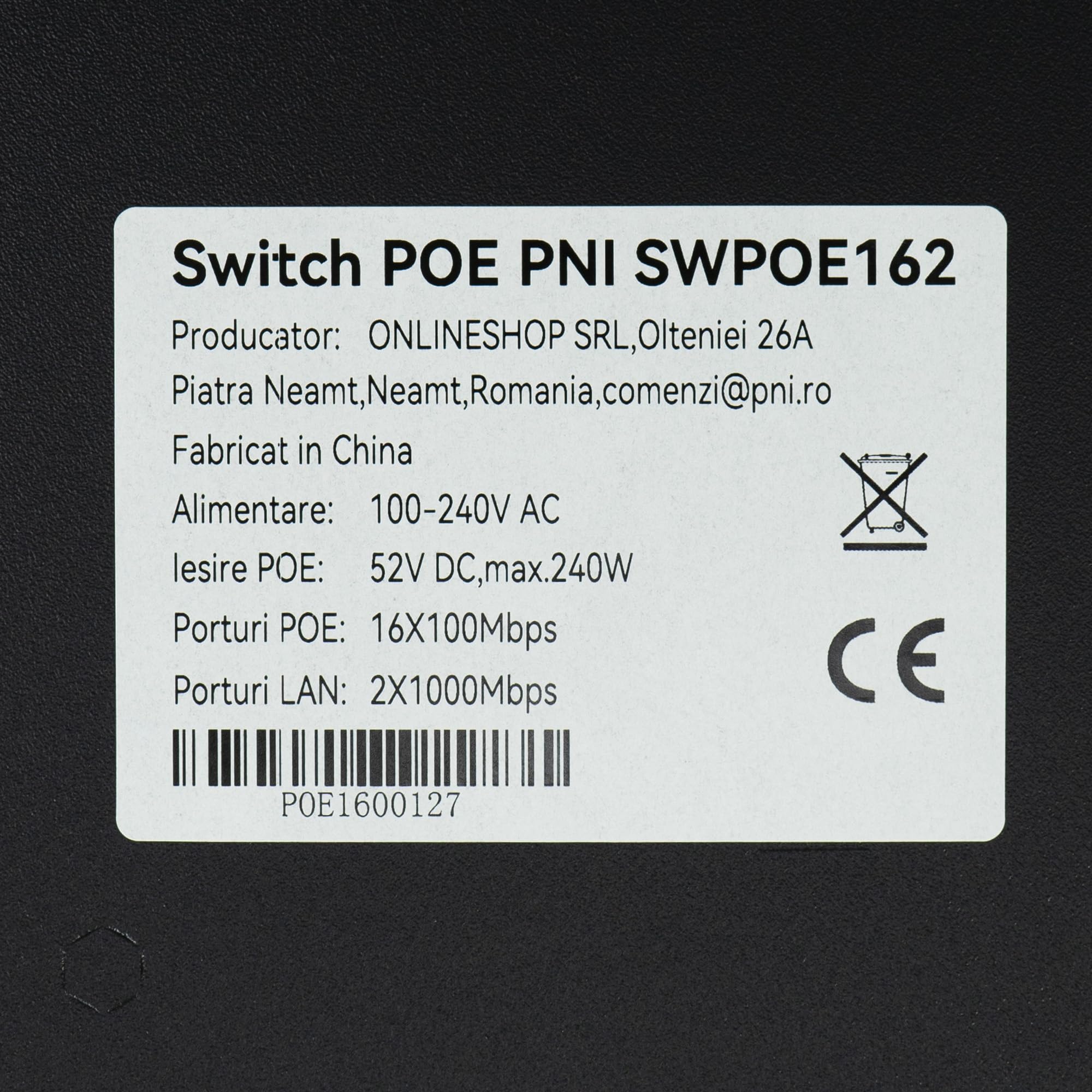 Conmutador PoE PNI SWPOE162, 16 Puertos PoE de 100 Mbps, 2 Puertos UP Link de 1000 Mbps, 1 Puerto SFP de 1000 Mbps, 240 W, función AI Extend hasta 250 m, protección contra Rayos de 4 kV