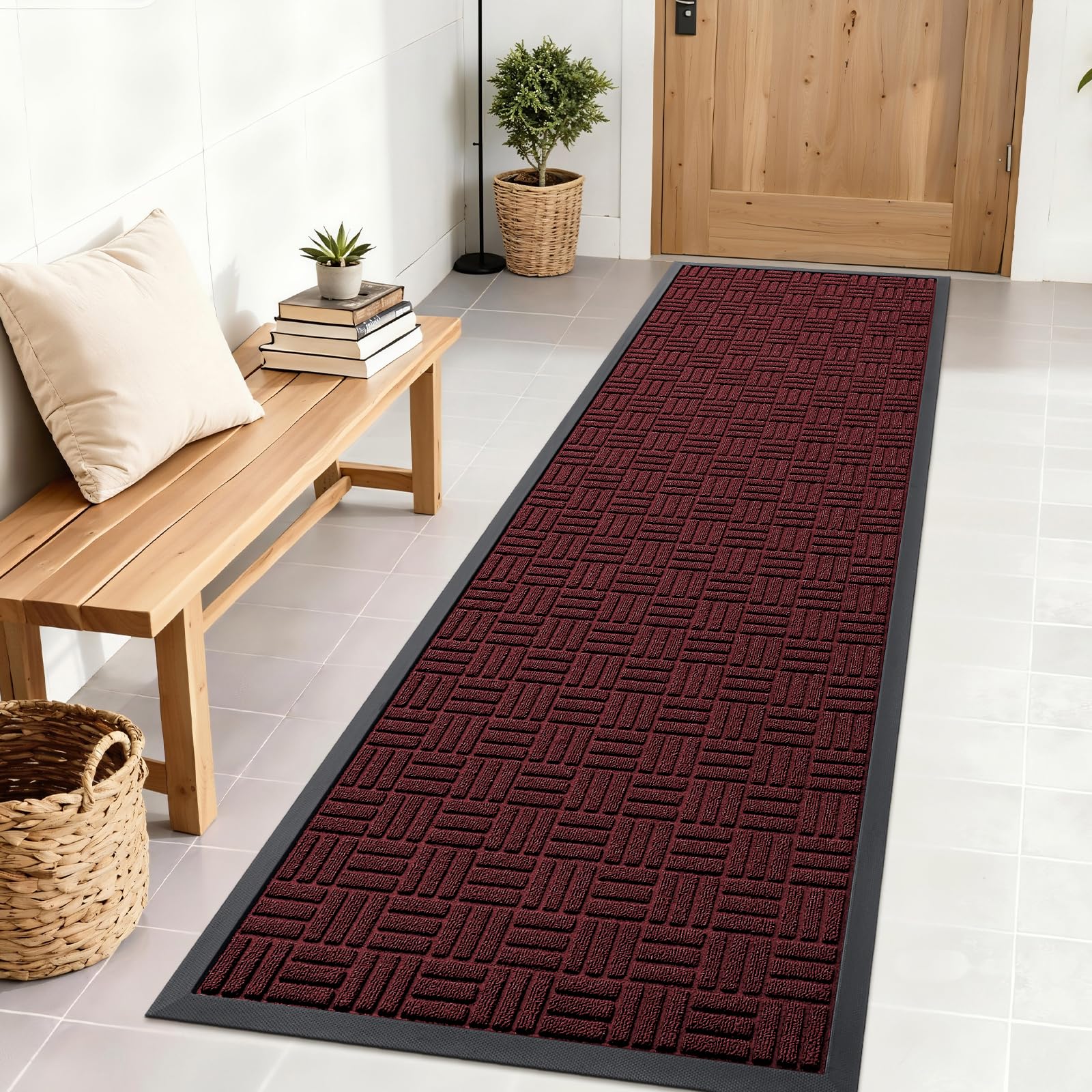 OLANLY Front Door Mat Outside Entrance 71x23, Heavy-Duty Rubber Doormat | Burgundy, Absorbent, Stain Fade Resistant, Non-Slip Backing, Low-Profile Indoor Outdoor Floor Mat for Entryway, Easy to Clean