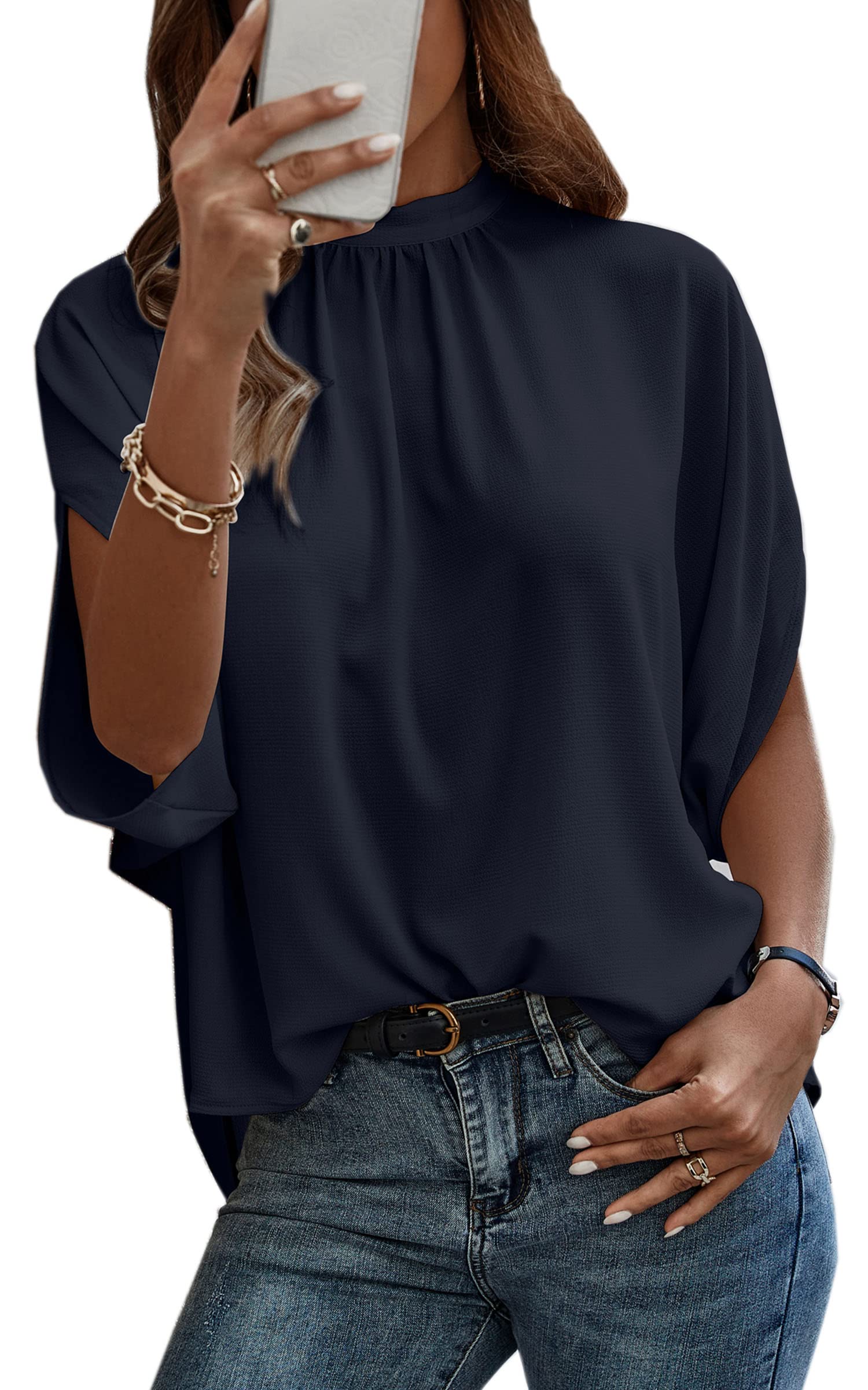 AngashionWomens Tops, Short Sleeve Casual Summer Top Solid Color Self Tie Loose Fit Drape Tunic Blouses Shirts