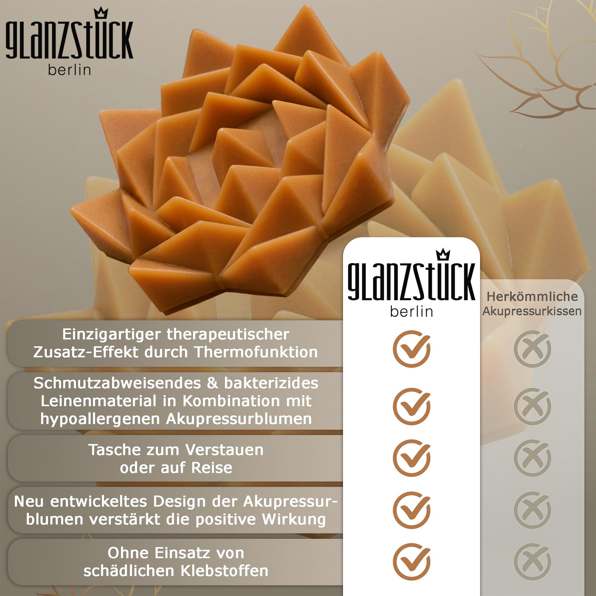 Glanzstück Berlin® Health Collection - Premium Akupressur Nackenrolle Nackenkissen Thermo Wärme gegen Nackenschmerzen Verspannungen HWS Kopfschmerzen aus Leinen nachhaltig