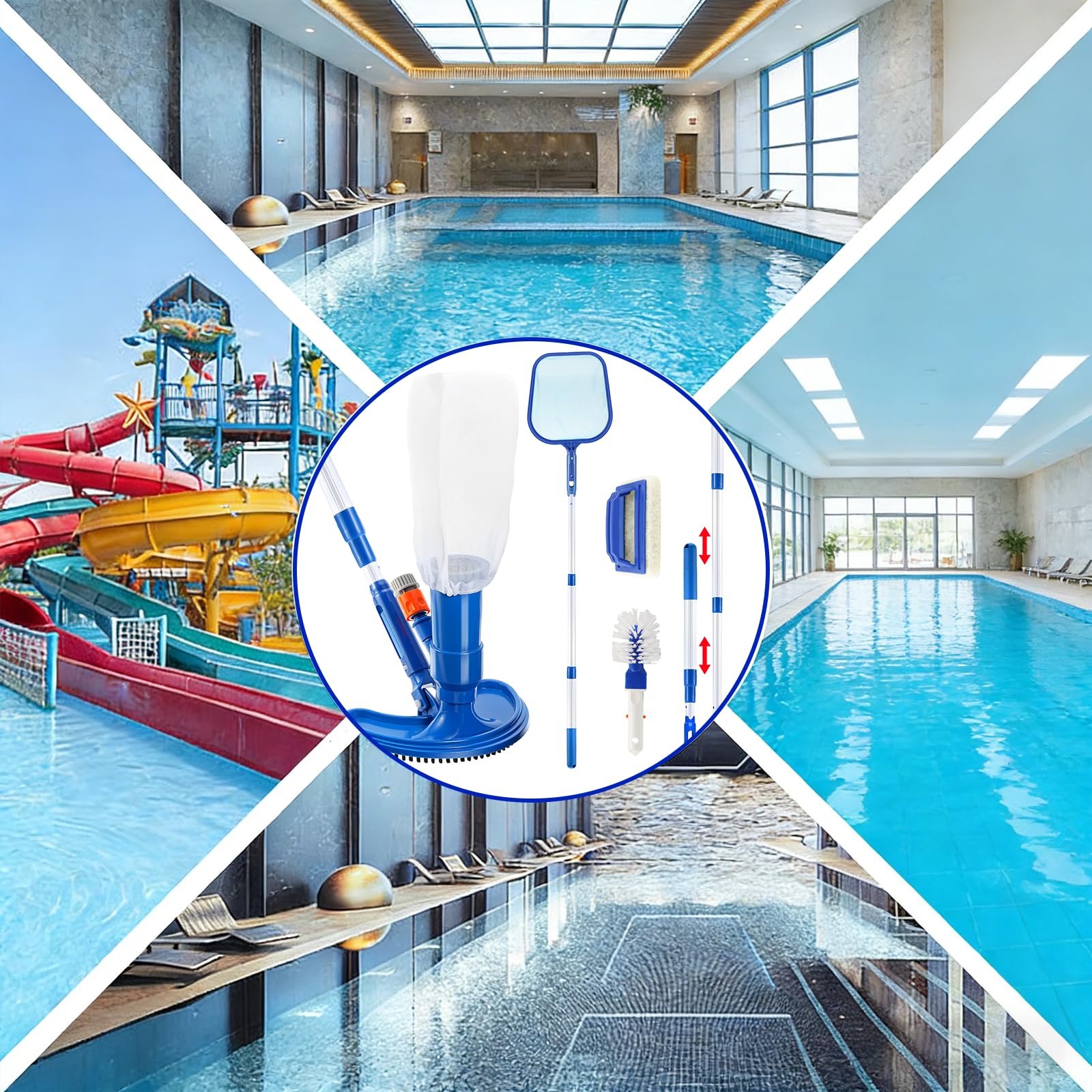 Kit de nettoyage de piscine - Aspirateur portable à jet - Kit d'entretien de piscine avec tige télescopique réglable - Brosse à récurer et filet de skimmer - Pour le nettoyage des feuilles, de la
