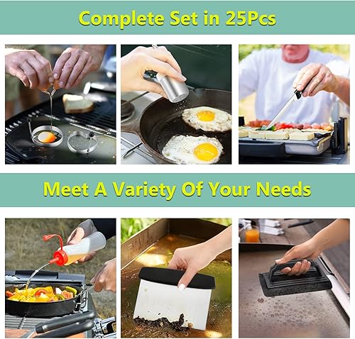 Miniatura 6 de HaSteeL Juego de 25 accesorios para plancha, juego de herramientas de teppanyak de acero inoxidable con espátulas de metal, cúpulas de fusión,
