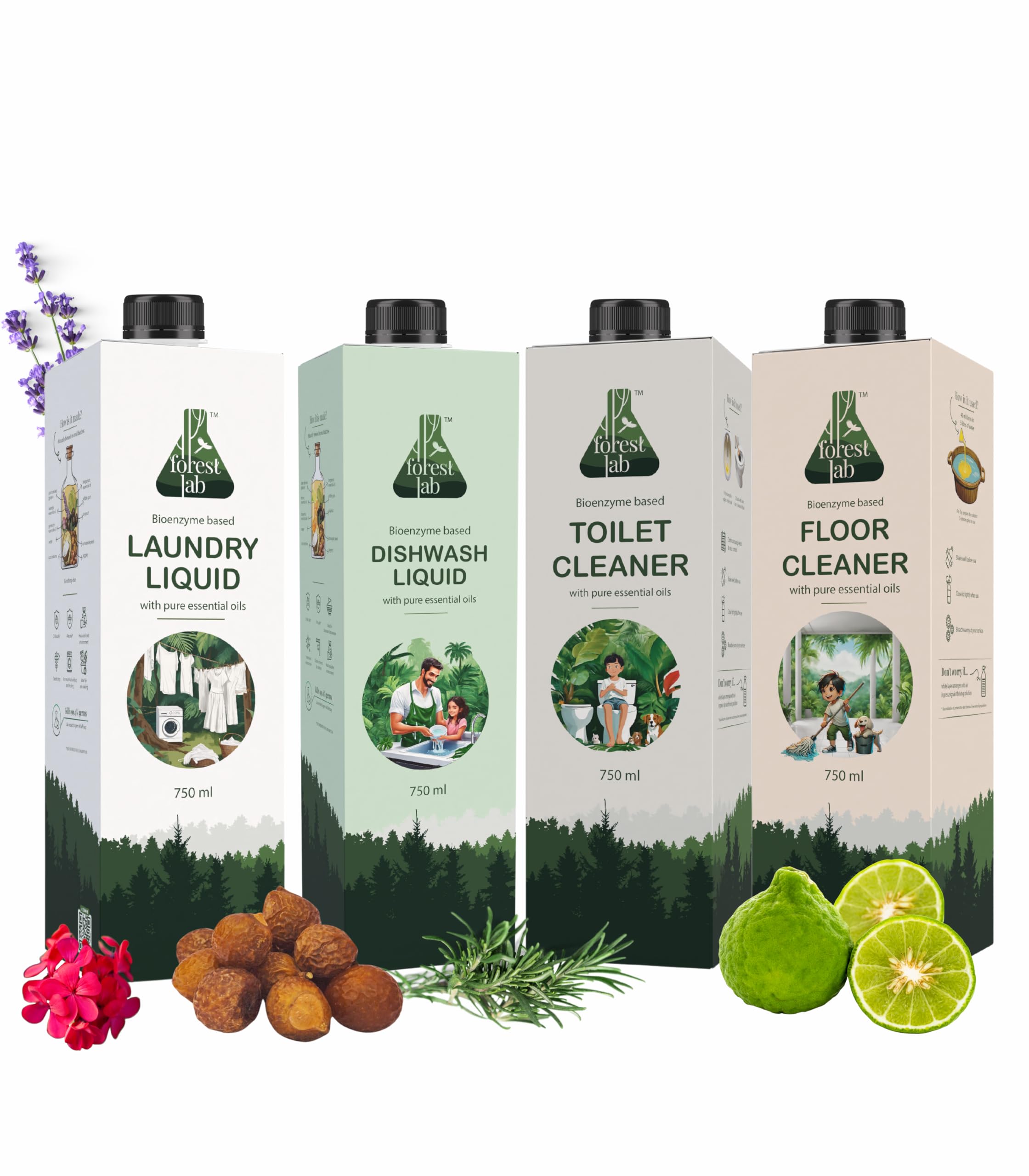 Forest Lab Organic Dishwash Liquid (750 ml) Bundle With Forest Lab Natural Laundry Liquid Detergent (750 ml), Forest Lab Natural Floor Cleaner (750 ml) & Forest Lab Natural Toilet Cleaner (750 ml)