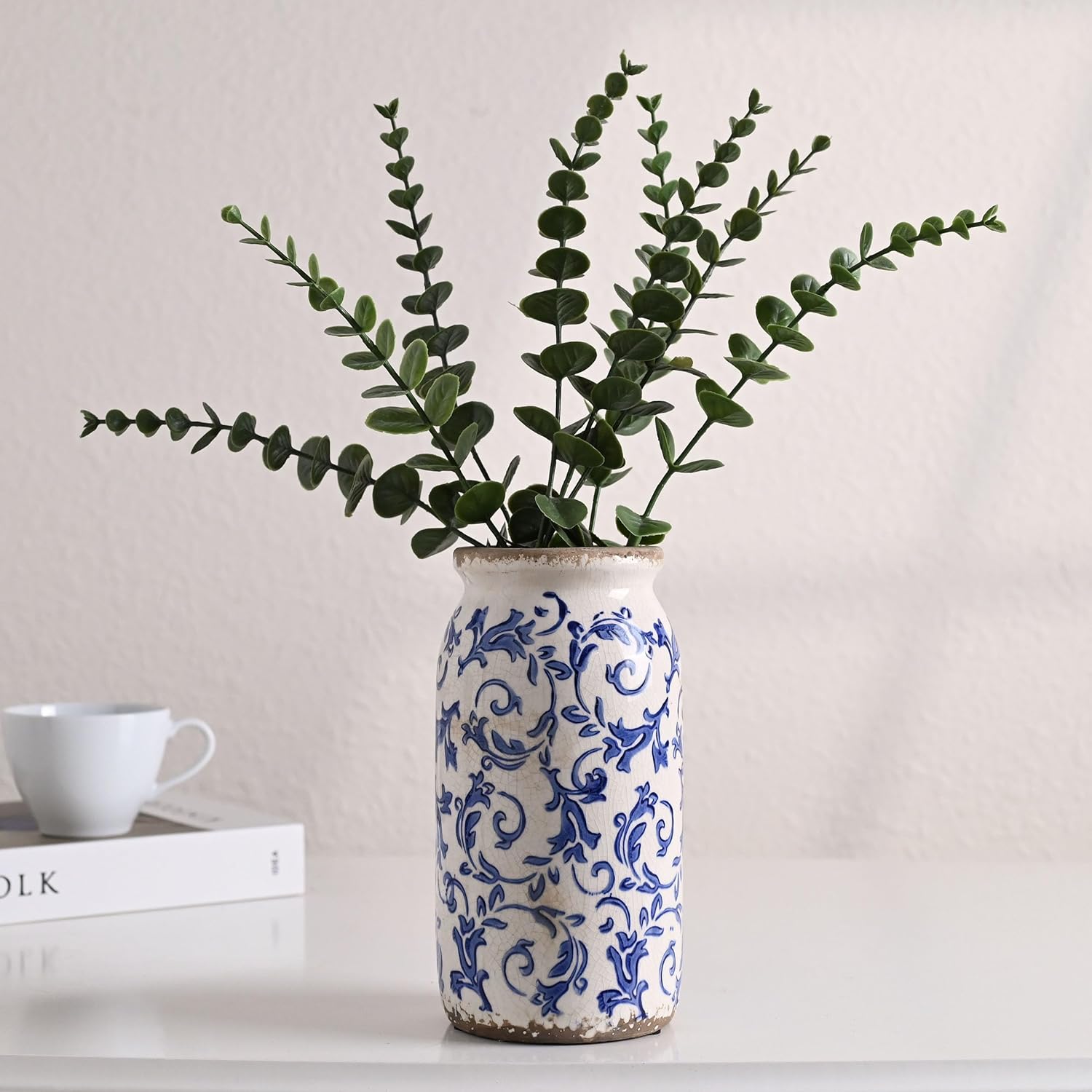 VICTOR & TERESA Rustic Blue and White Vase for Home Decor, Ceramic Vases for Flowers, Modern Farmhouse Decorative Vases for Pampas Grass,Table, Mantel, Living Room,Bookshelf, Centerpieces, 8'' - Image 6