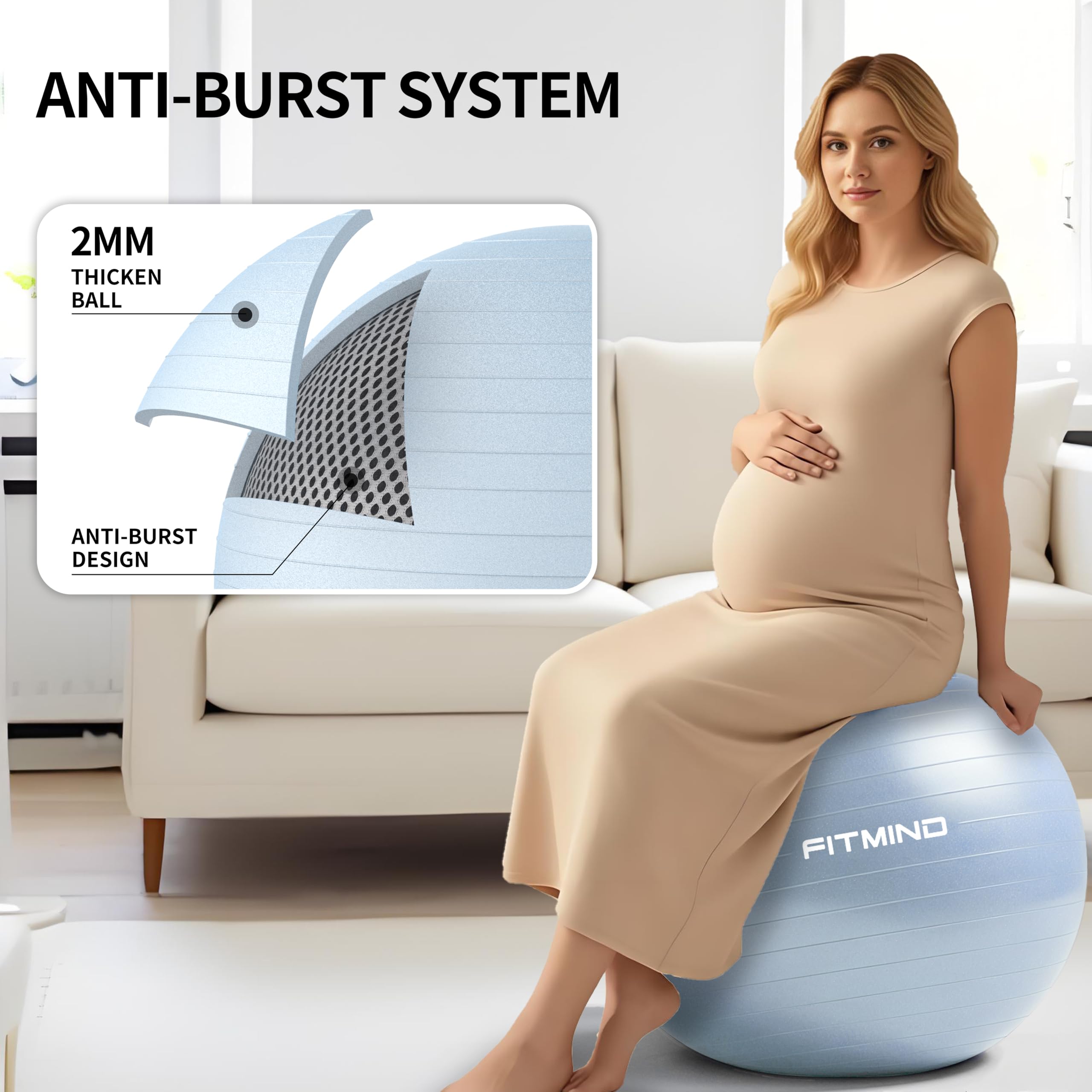 Ballon d'exercice extra épais de 55,9 cm/66 cm/76,2 cm pour entraînement, stabilité de grossesse, anti-éclatement et antidérapant avec pompe pour yoga, pilates, fitness, accouchement