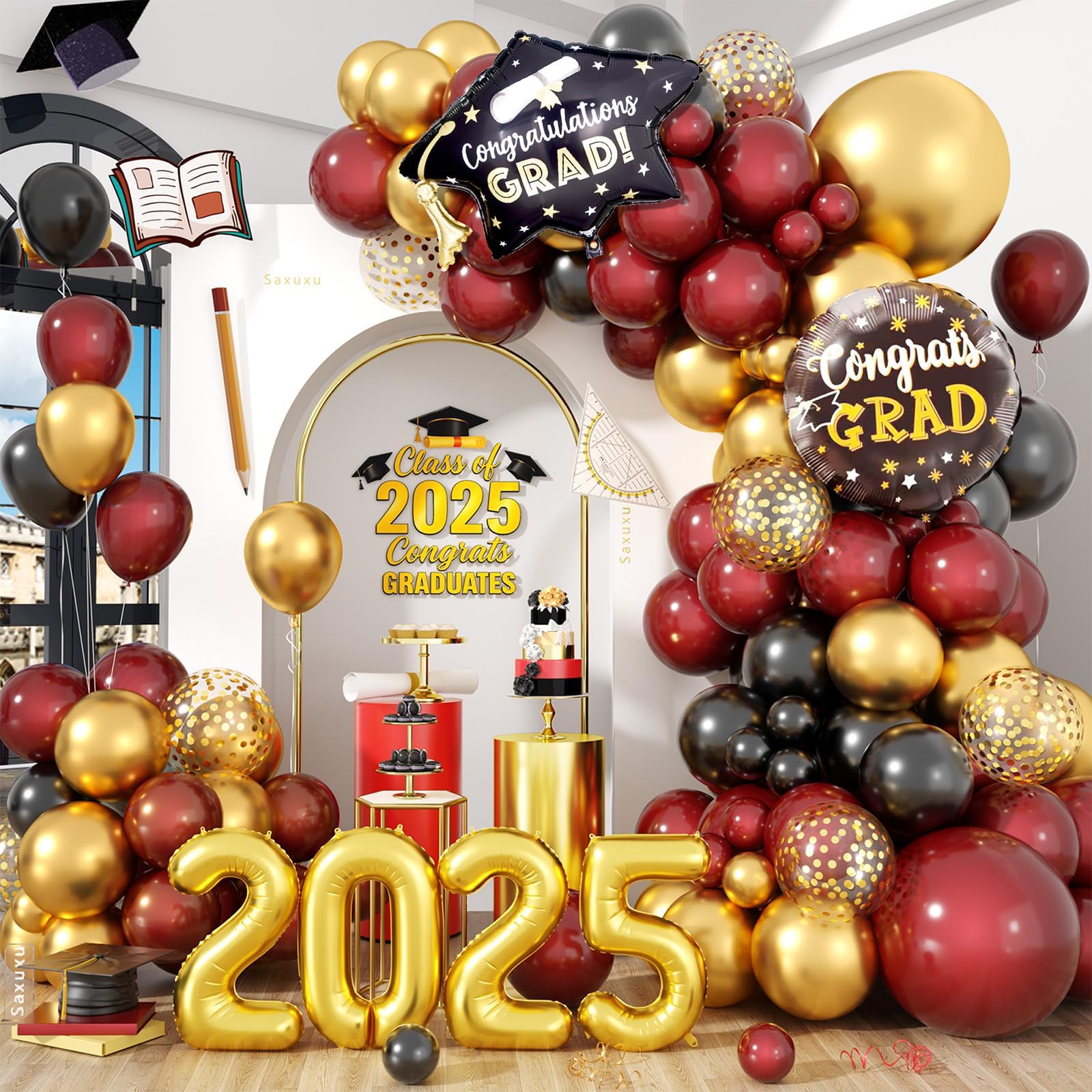 Graduation Balloon Arch Garland Kit, 2025 Graduation Party Decoration, Black Burgundy Gold Balloon with Congrats Grad Hat 2025 Number Balloons for
