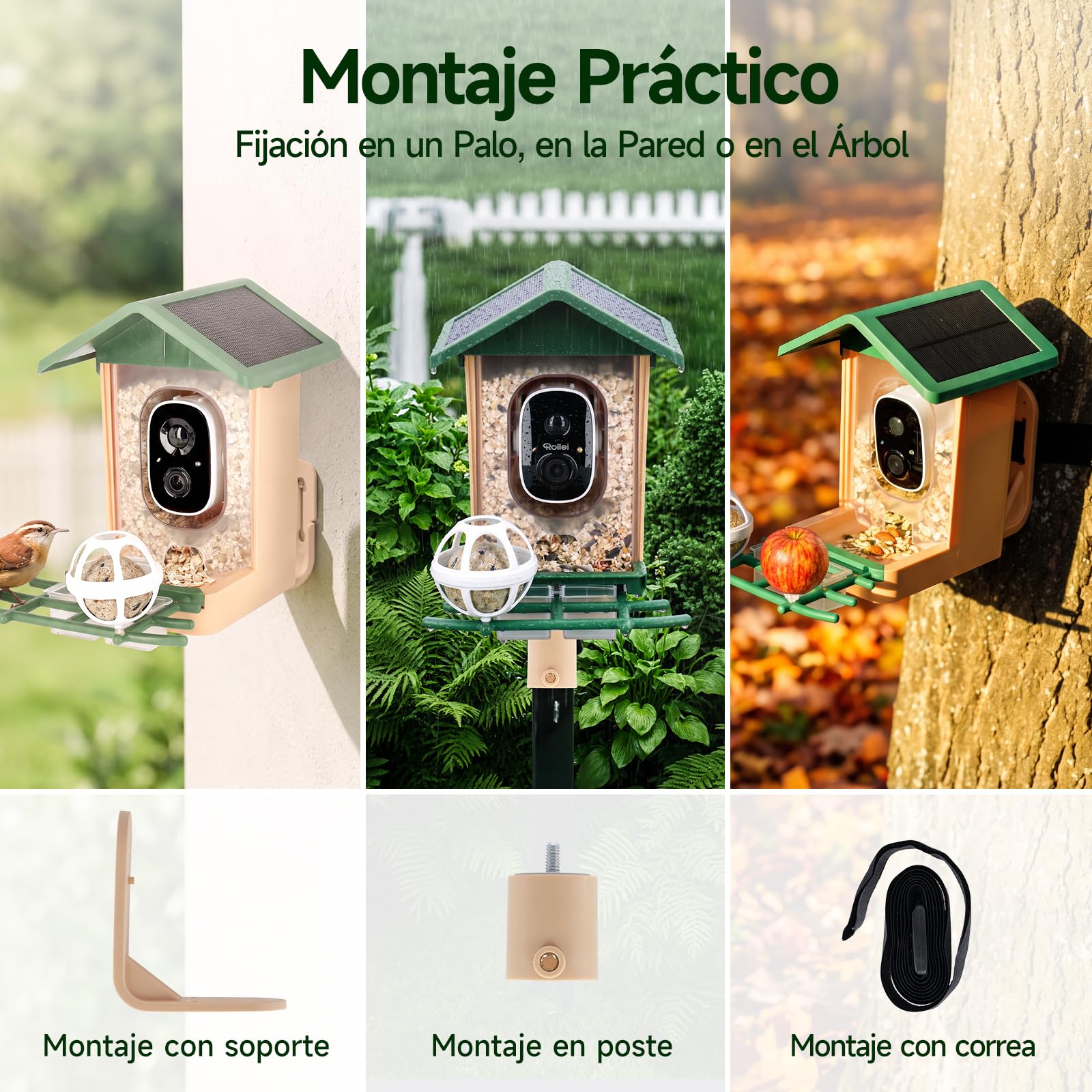 Comedero Inteligente Pájaros, Rollei Smart Bird Feeder 3K Comedero Pajaros | Solar con Cámara Exterior AI Reconocimiento de 10000 Pájaros Impermeable IP65 Visión Nocturna LED Audio Bidireccional