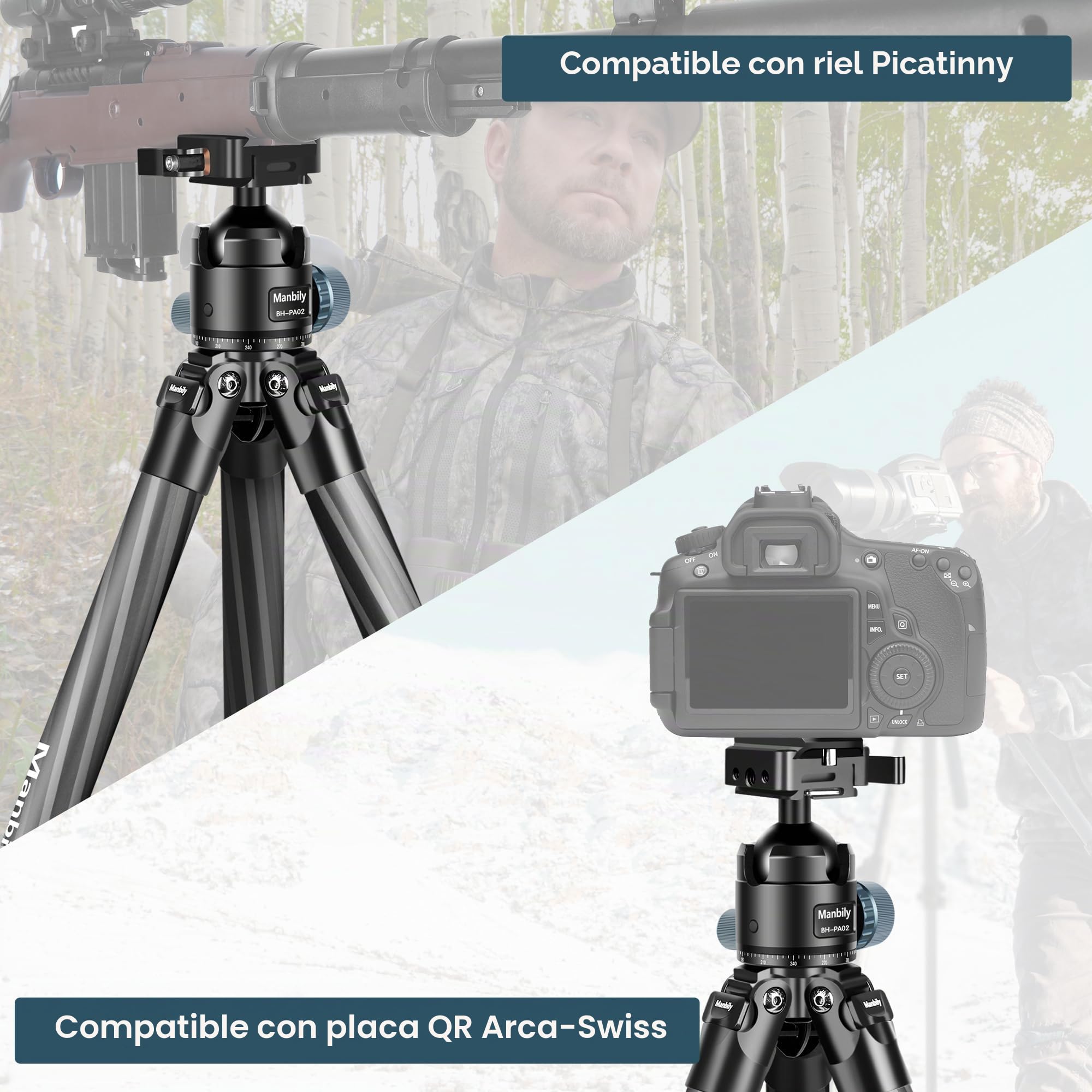 Manbily WZ-324PA - Tripode de fibra de carbono para grabación y caza, 158 cm, adaptador Picatinny a Arca Suiza, tubo 32 mm, cabeza de bola de bajo centro de gravedad 360°