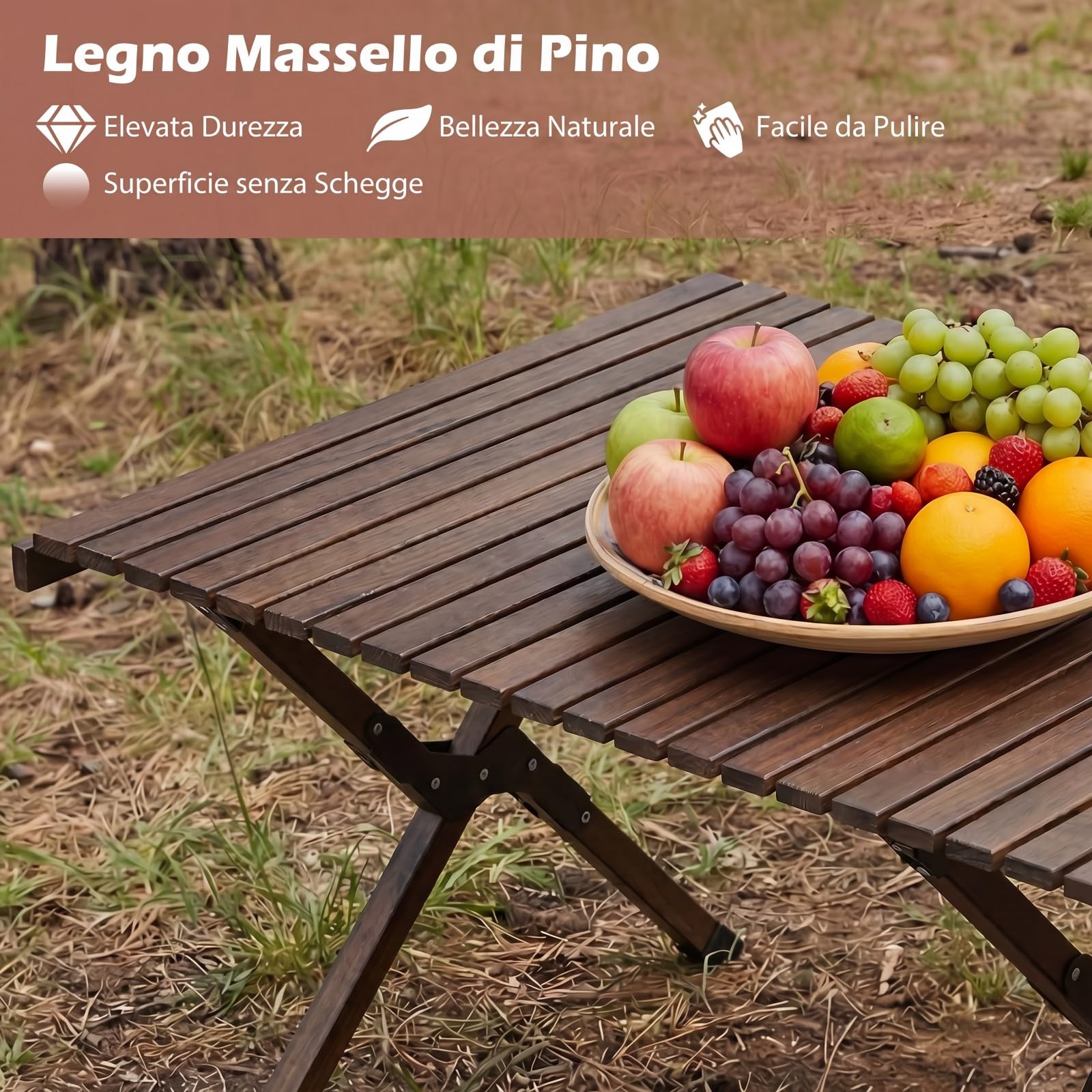 COSTWAY Tavolo da Picnic Pieghevole e Portatile, 122 x 60 cm, Tavolo da Campeggio in Legno Massello a 4-6 Posti, con Piano Arrotolabile e Borsa da Trasporto, per Balcone, Cortile e Mercato (Marrone)