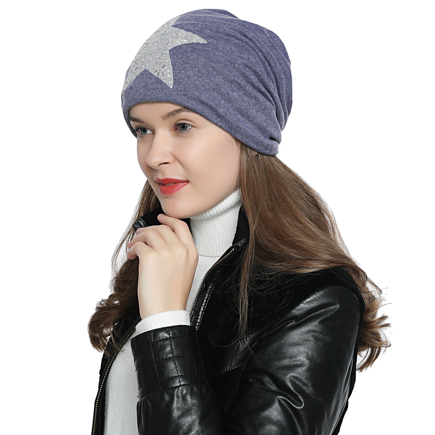 DonDon Mütze Damen Wintermütze Slouch Beanie gefüttert mit Stern Print