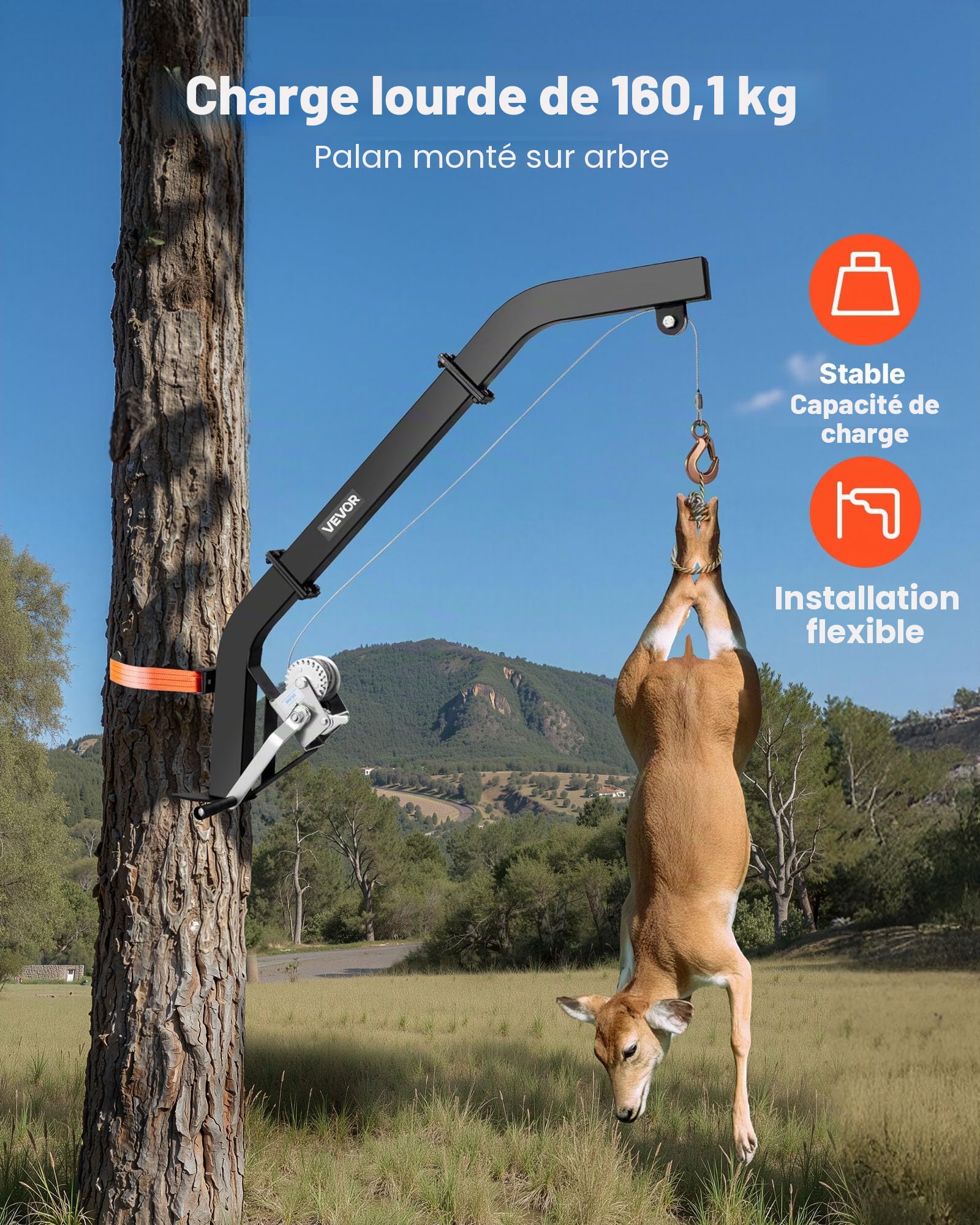 VEVOR Palan à Cerfs Monté sur Arbre, Charge 160 kg, avec Treuil à Manivelle, Sangle à Cliquet Réglable, Cintre Robuste, pour Levage, Nettoyage, Dépeçage de Gibier de Chasse, Alimentation Ferme, Noir