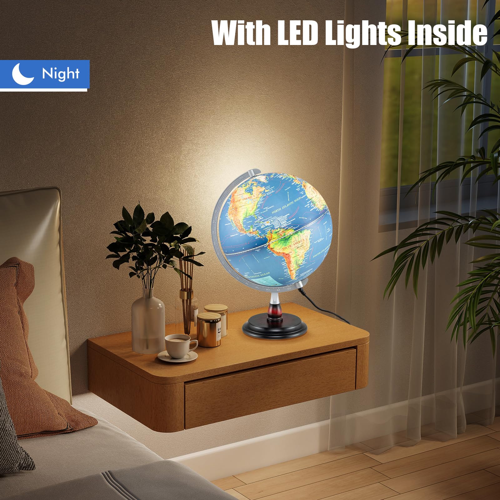 LIFEZEAL 30 cm Globo Terrestre illuminato con illuminazione a LED,Globo da ufficio educativo con rilievo geografico e fusi orari, Gobe geografico con base in legno stabile per studio e decorazione I