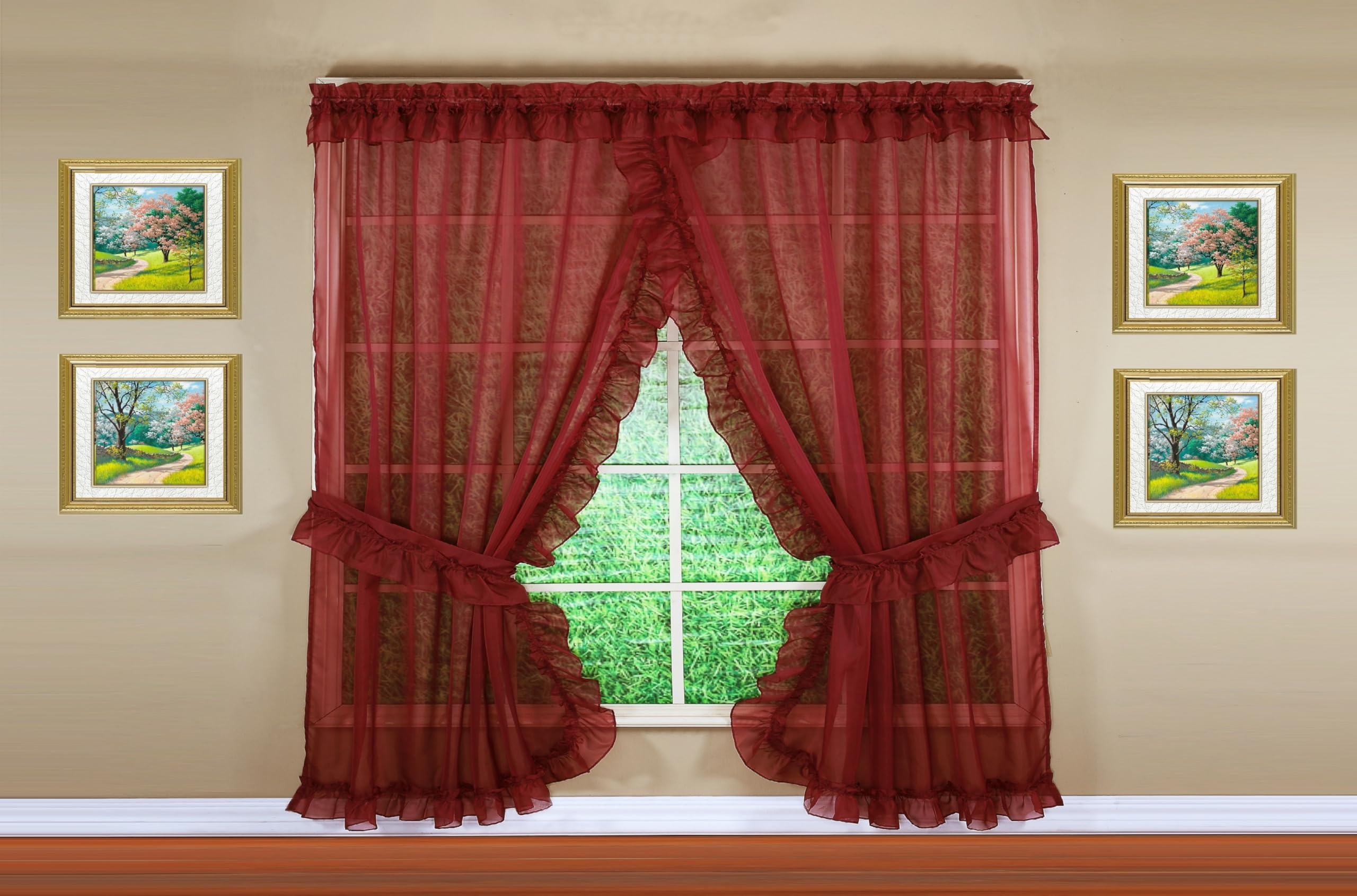 Today's Curtain, Emelia Priscilla Sheer Pair 96" W x 84" L, Burgundy, 5-Piece-Set