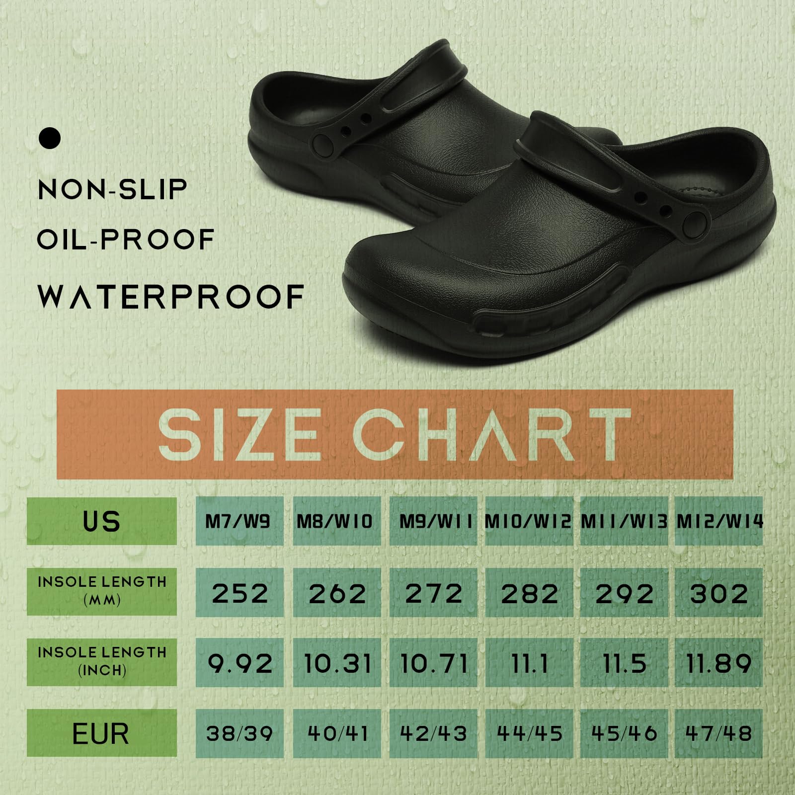 JSWEI Unisex Chef Nurse Mens Shoes Black Non Slip Clogs Mules for Men Waterproof Oil Resistant Men's Kitchen Shoes Safety Outdoor Work for Gardener Man Nursing Shoes Garden Shoes Black 7