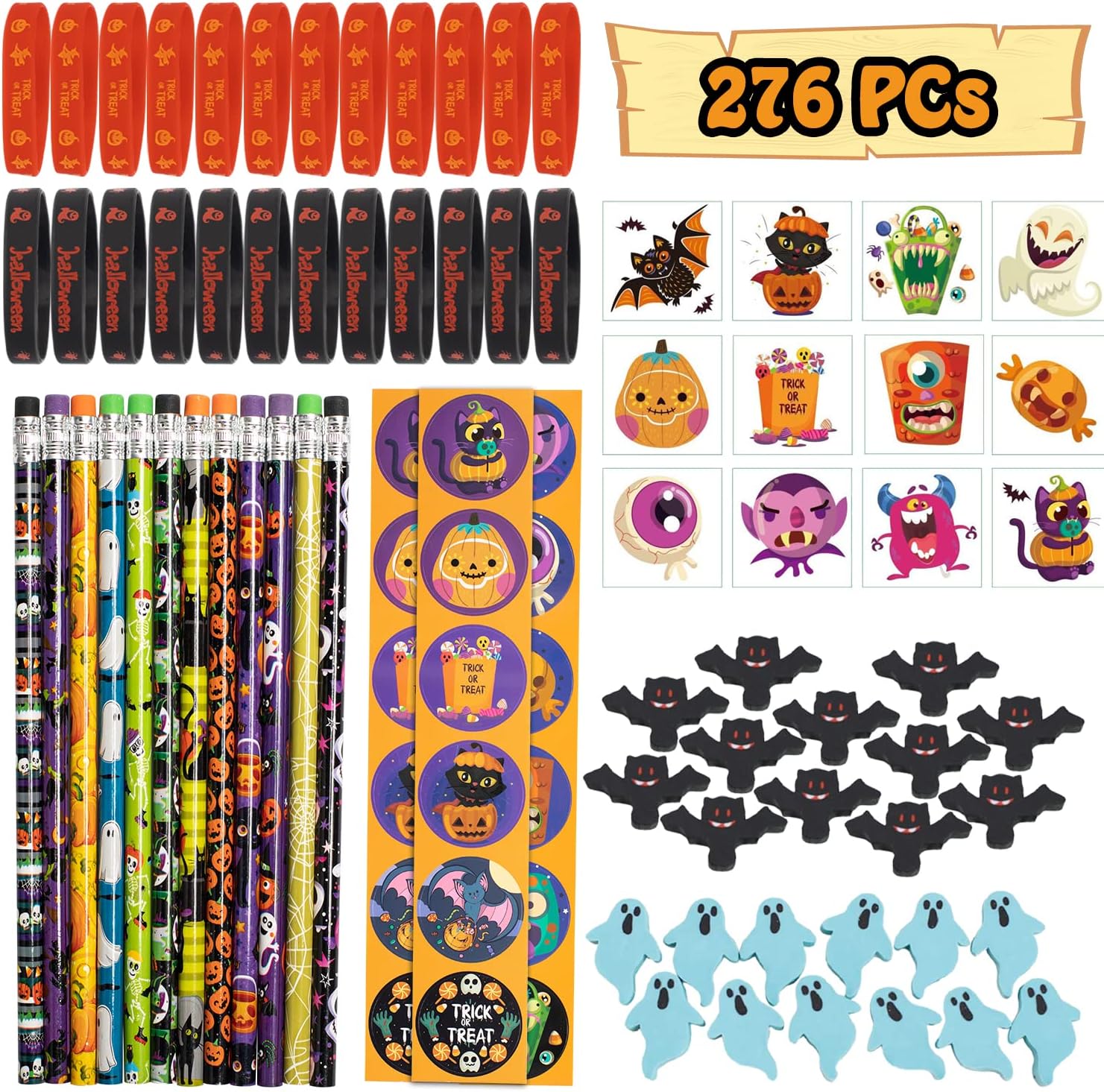 276PCS Halloween Toys Party Favor Bulk, 12 Pencils, 24 Erasers, 24 Bracelets, 144 Stickers, 72 Temporary Tattoos