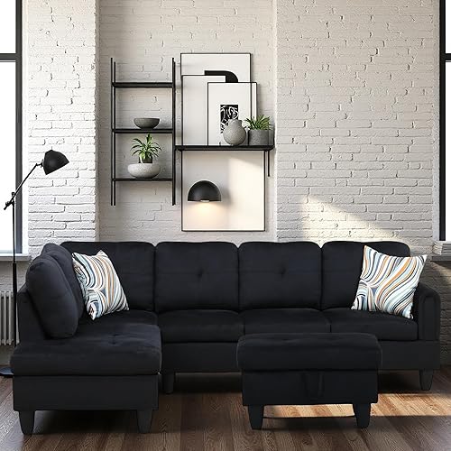 L Shaped Couch Sectional Couches with Chaise and Storage Ottoman, 3 Pieces Modular Convertible Sofa for Living Room Furniture Sets and Small Apartment, Black