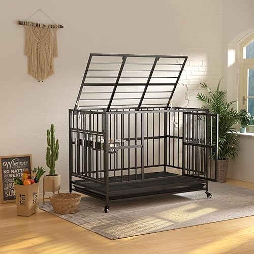 Miniatura 8 de LOVMOR Jaula para perros resistente de 43 pulgadas con varilla de elevación de aire, ruedas de 360 y 2 cuencos ajustables, jaula para perros extra