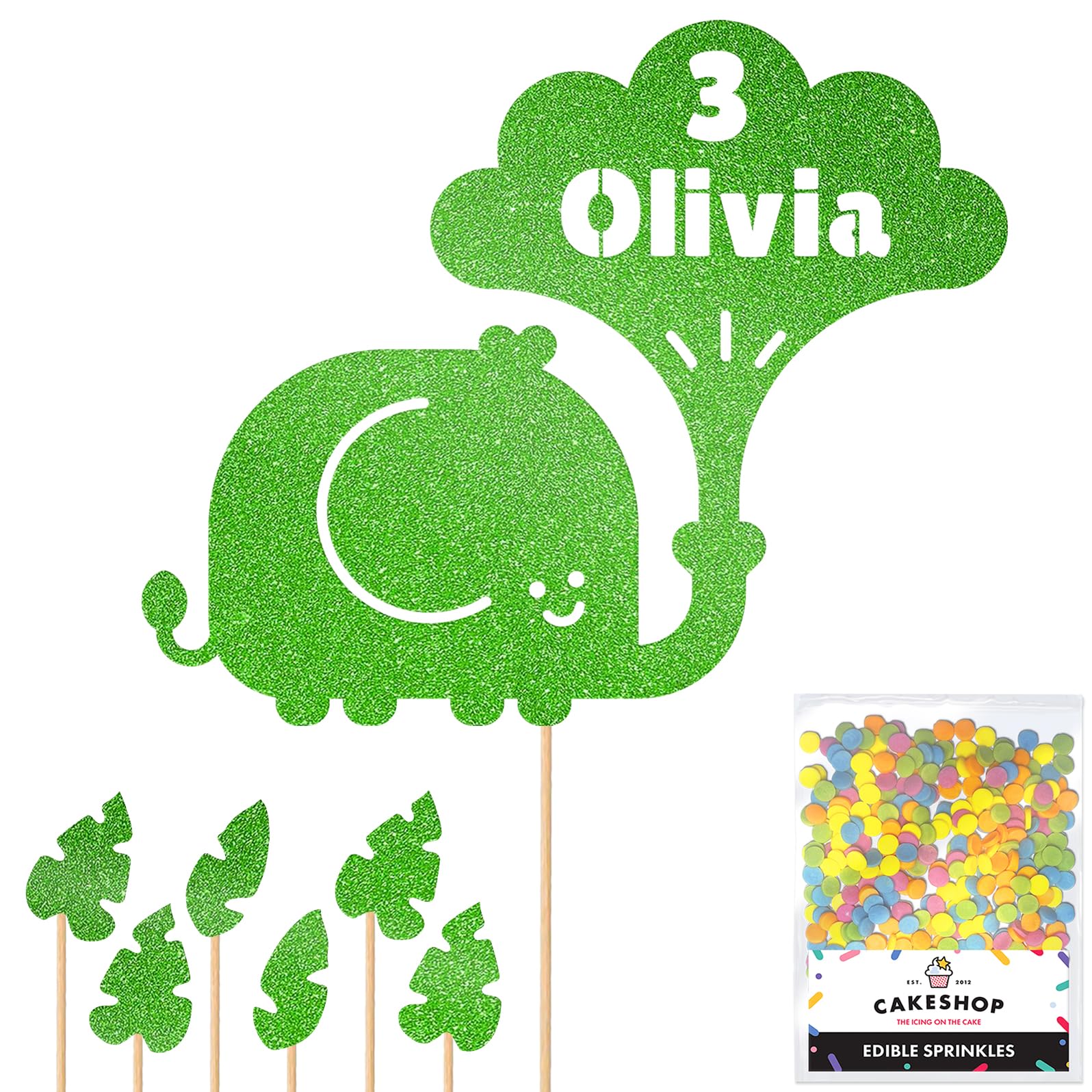 Personalised Jungle Elephant Glitter Cake Topper- Green Any Custom Age & Name Glitter Cake Decoration and Sprinkles - Happy Birthday Decorations - Personalised Toppers for Cakes by Cakeshop