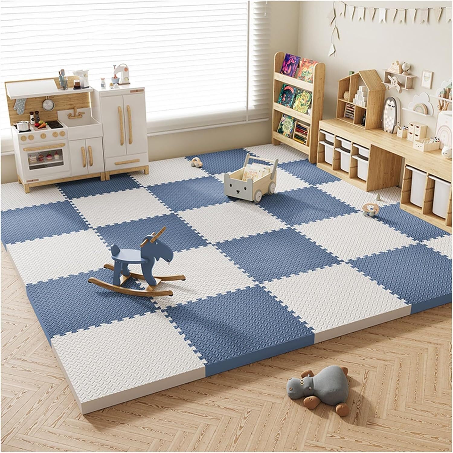 LoiYtrd Foam Floor Interlocking Foam Tiles 30x30cm Square Soft Foam Play Mat 1" Thick Puzzle Exercise Mat(White+Blue-gray,16PCS)