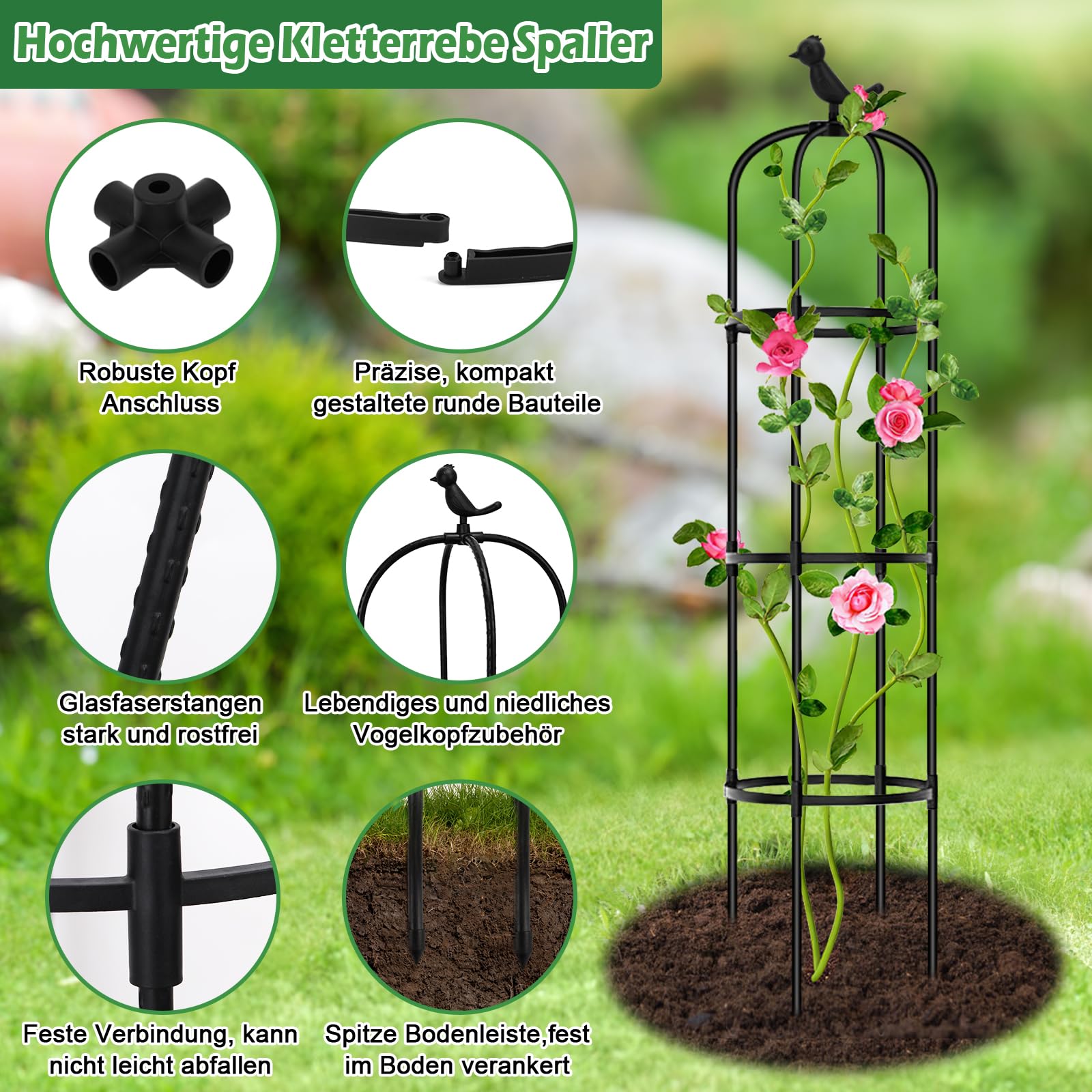 Hysagtek Rankhilfe Garten,145cm Obelisk Rankhilfe Brombeeren für Pflanzen Rankhilfe Rosen,Abnehmbar Glasfaser Rankturm mit 20 Stück Pflanzenklammer für Rosen Blumen und Tomaten Kletterpflanzen