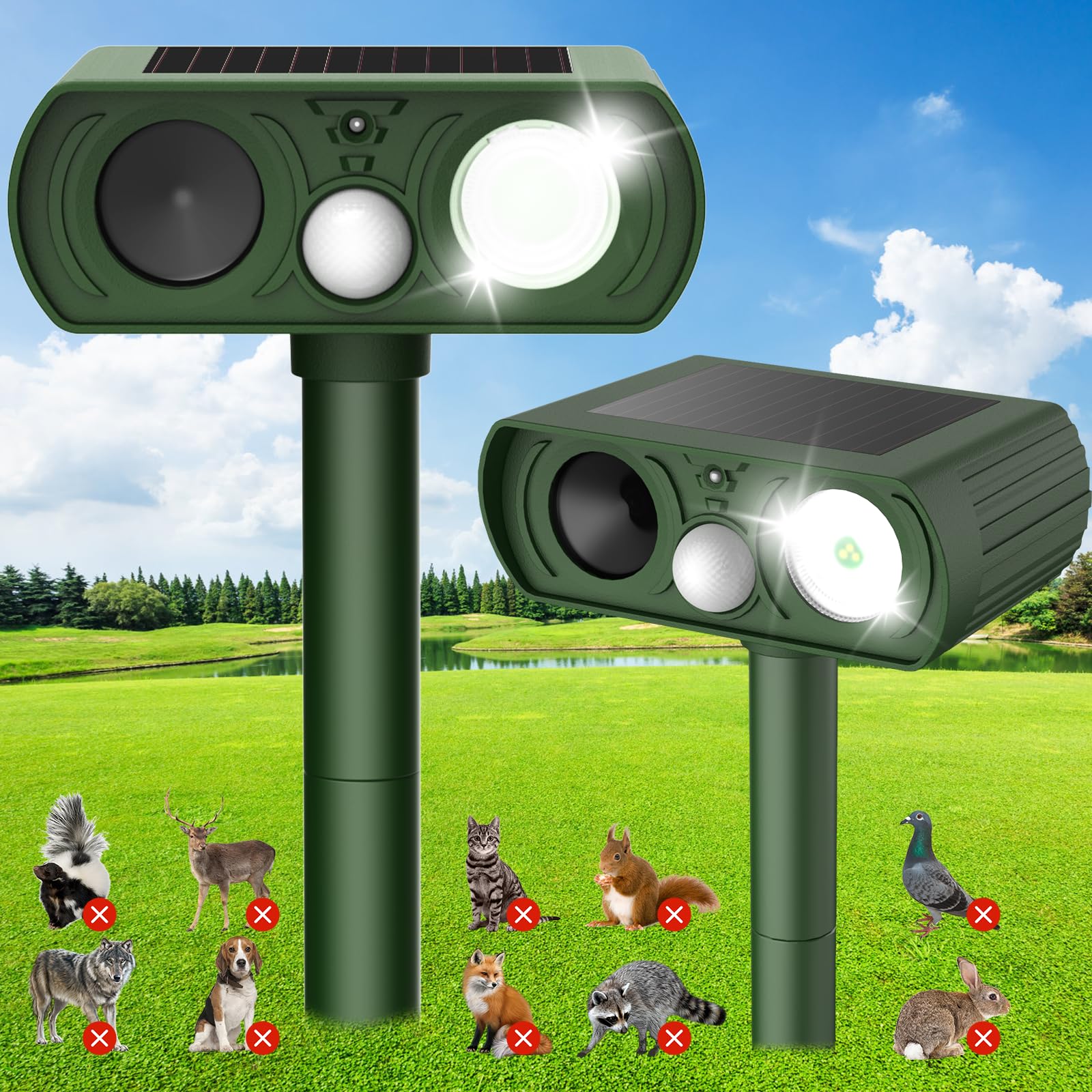 Solar Ultrasonic Animal Repellent, Deer Repellent Devices Waterproof, Cat Repellent Outdoor with Motion Detection Squirrel Skunk Rabbit Dog Raccoon Deterrents Animal Repeller for Yard, 2 Pack, Green