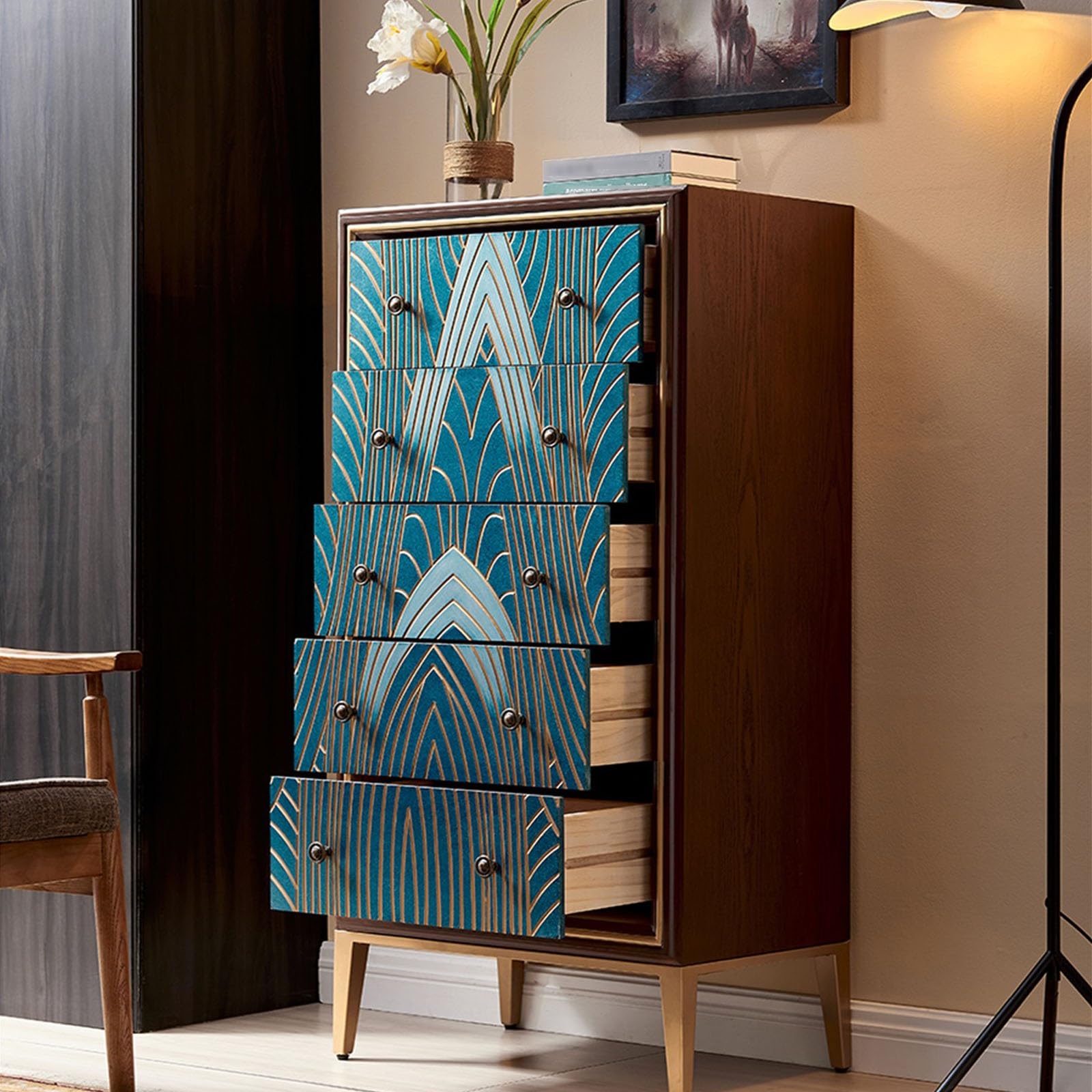 Cassettiera in legno blu, mobiletto decorativo autoportante con gambe, soluzione elegante per soggiorno e camera da letto, 60 x 39 x 85 cm, comò con ampio cassetto