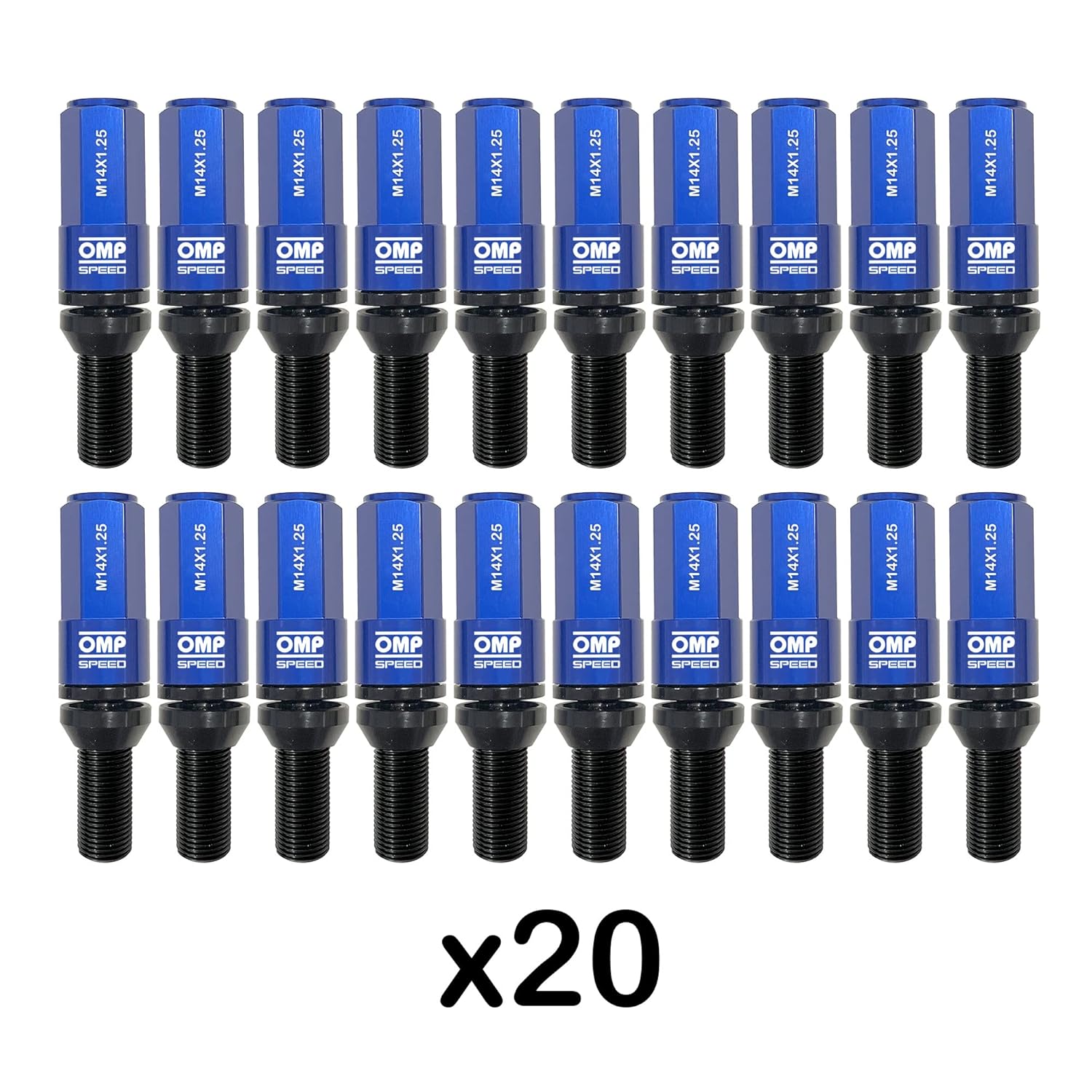 OMP SPEED Set of 20 Black Wheel Screws with Metric M14 x 1.25 Wrench 17-19 Long Threaded 28 mm with Aluminium Blue Protector 7075 + DIN 12.9