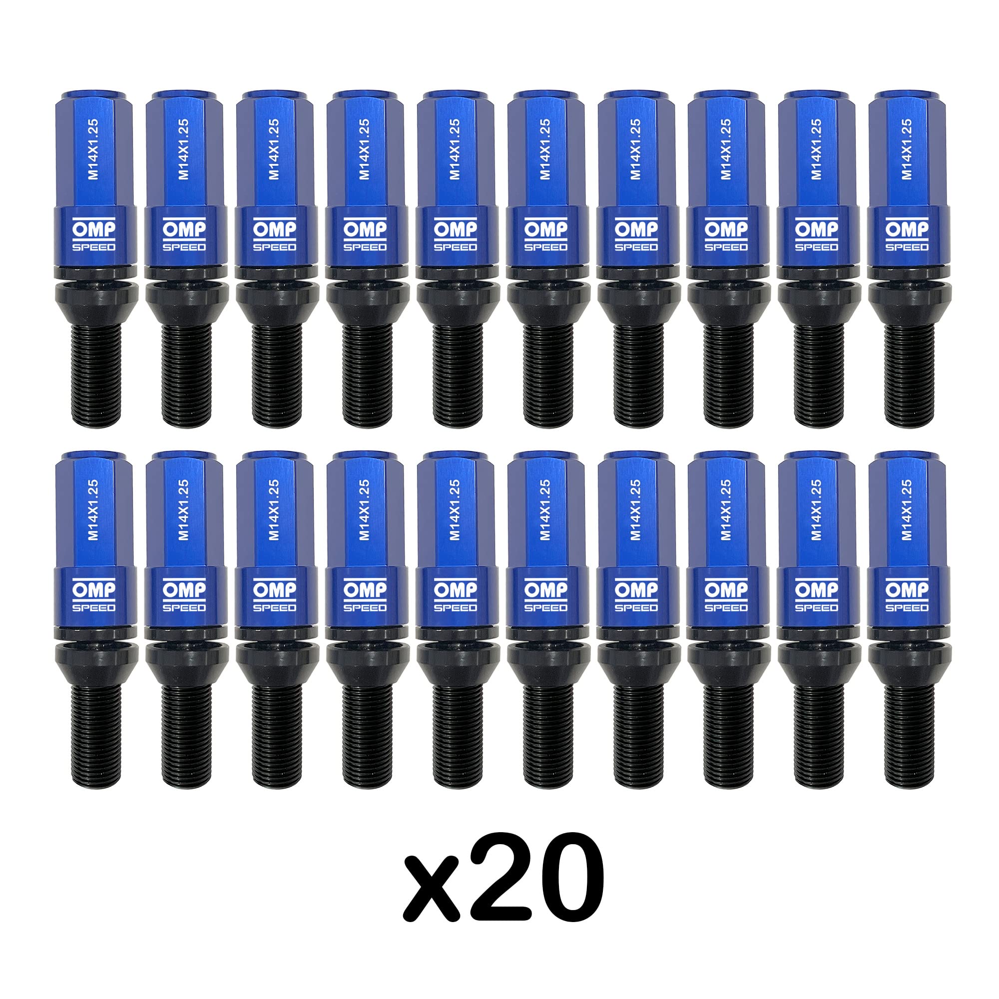 OMP SPEED Set 20 Schwarze Radschrauben mit M14X1.25 Metrisch 17-19 Lang Gewinde 28MM mit Blau Aluminium Protektor 7075 + DIN 12.9