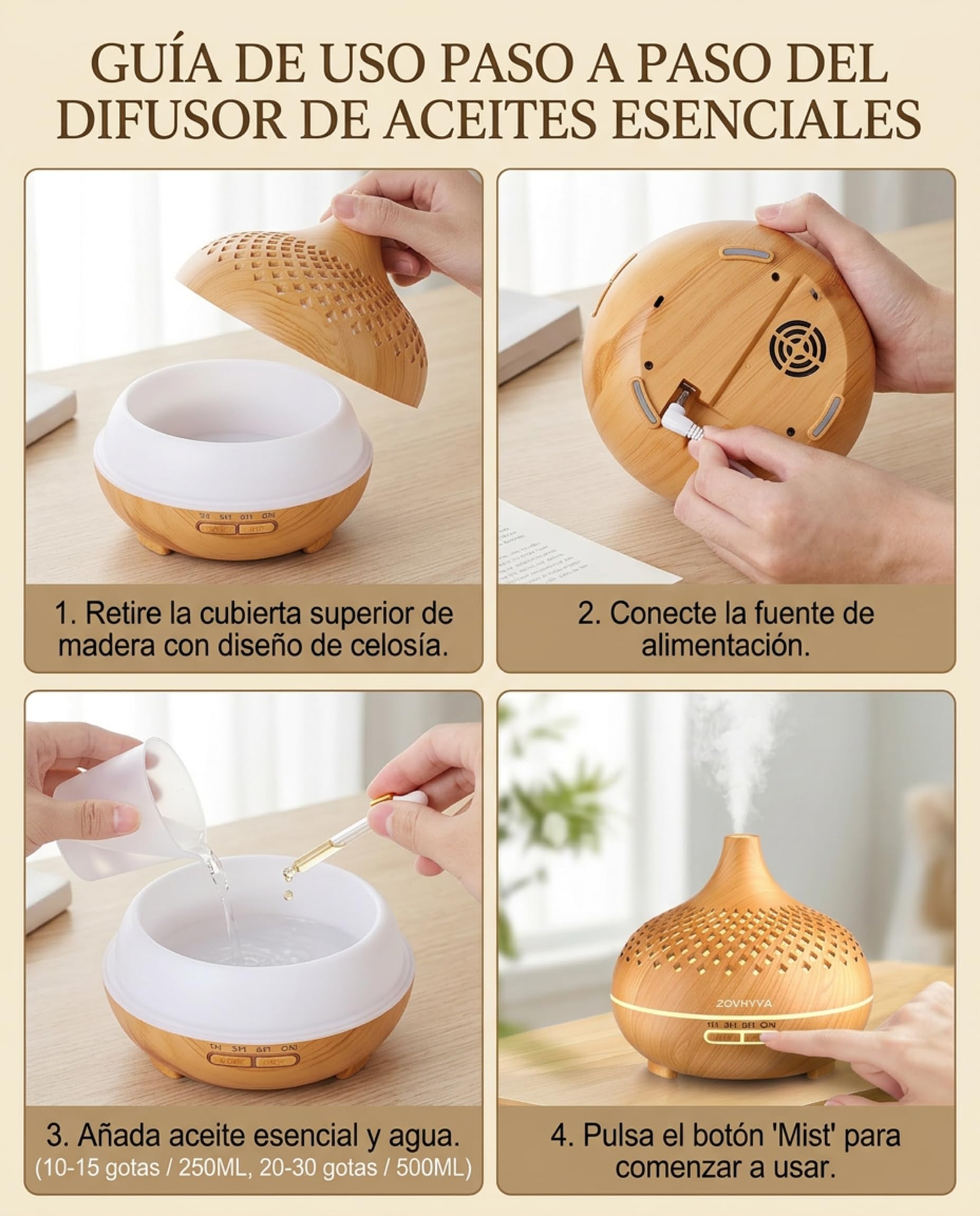 Difusor de Aroma 500ML Humidificador con 14 Luces LED Control Remoto 4 Temporizadores y 2 Modos de Pulverización para Hogar Dormitorio y Oficina