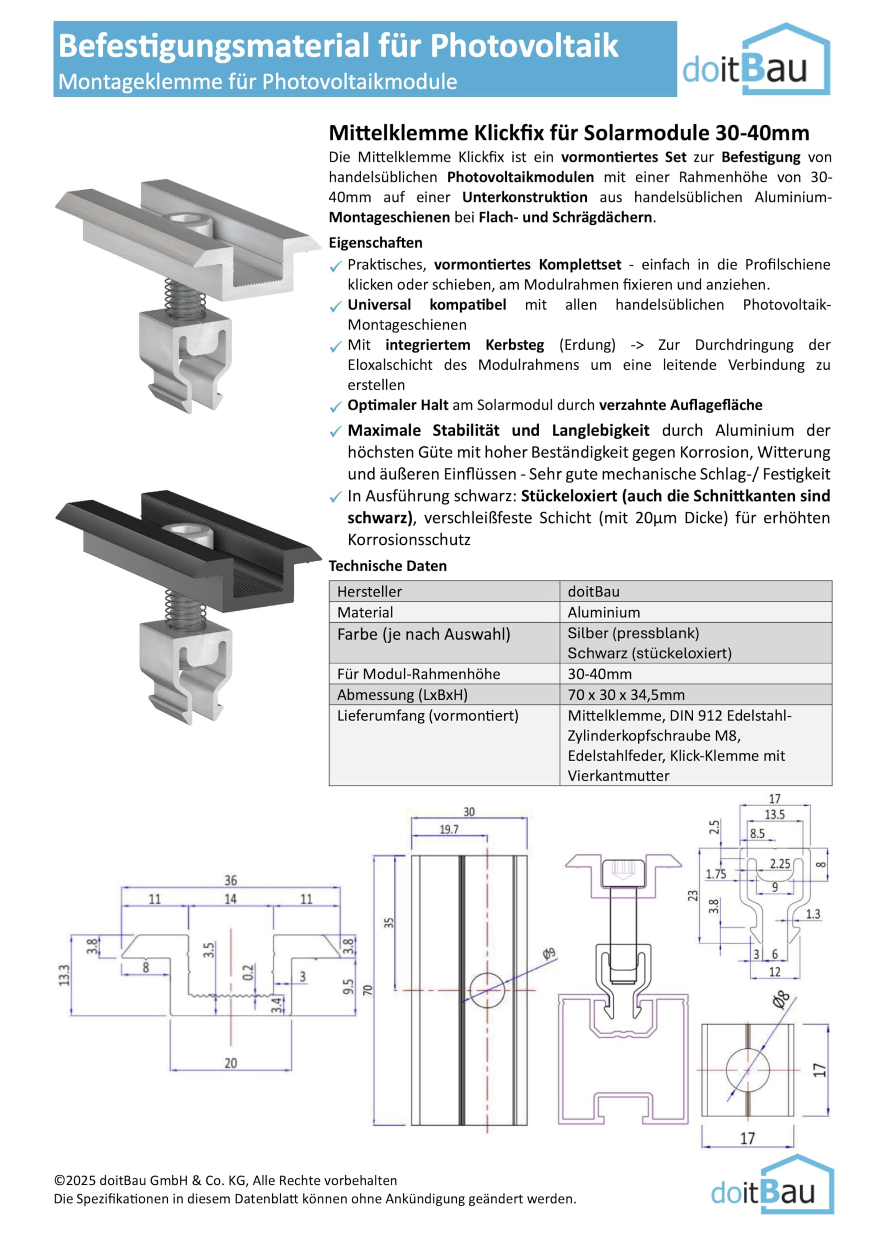 10x Handelskönig Endklemme Klick-Klemme schwarz zur Befestigung von Solarmodulen mit einer Rahmenhöhe von 30 - 40 mm